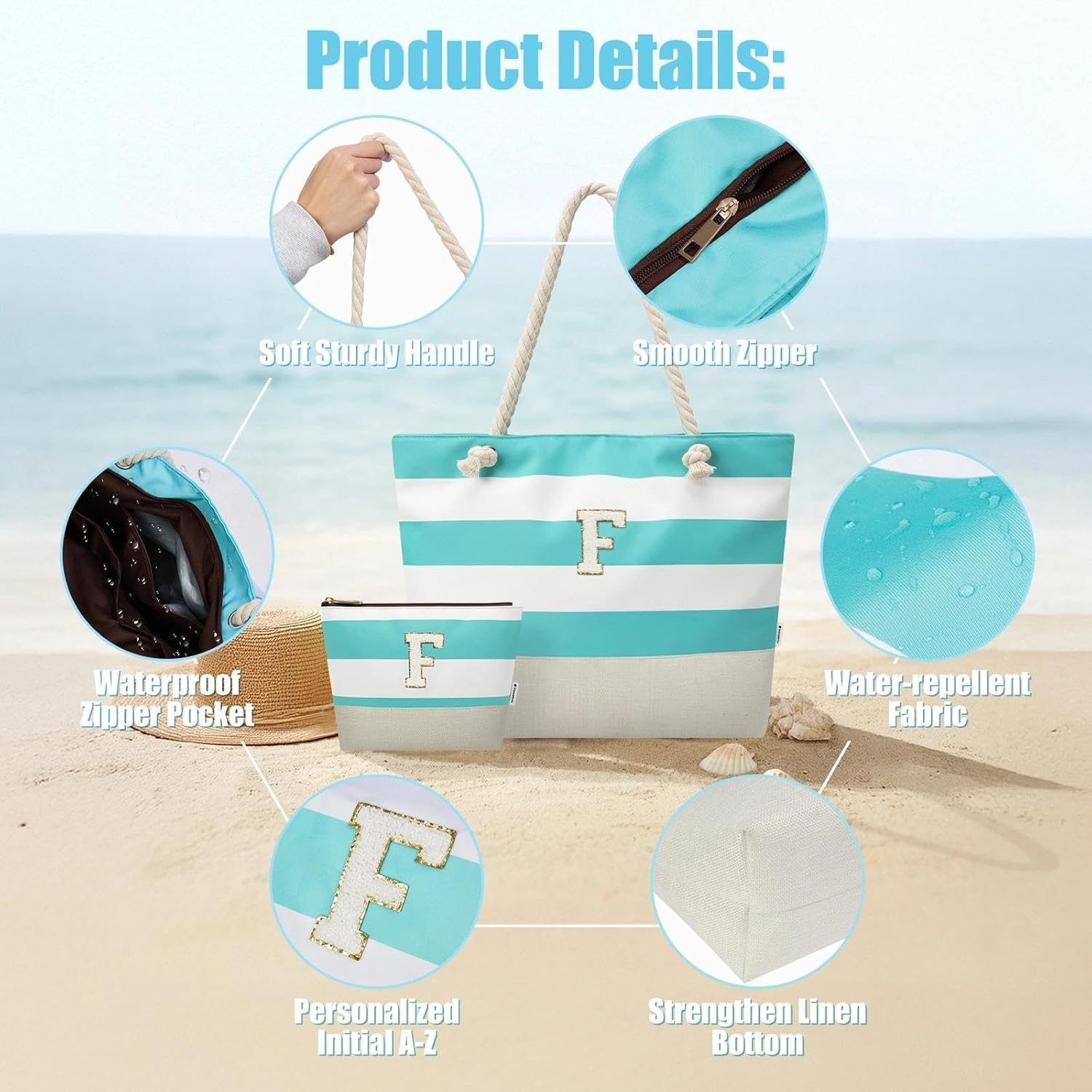 Detalle de Vavabox Initial Beach Bag with Zip and Pockets — Personalised Large Beach Tote Set