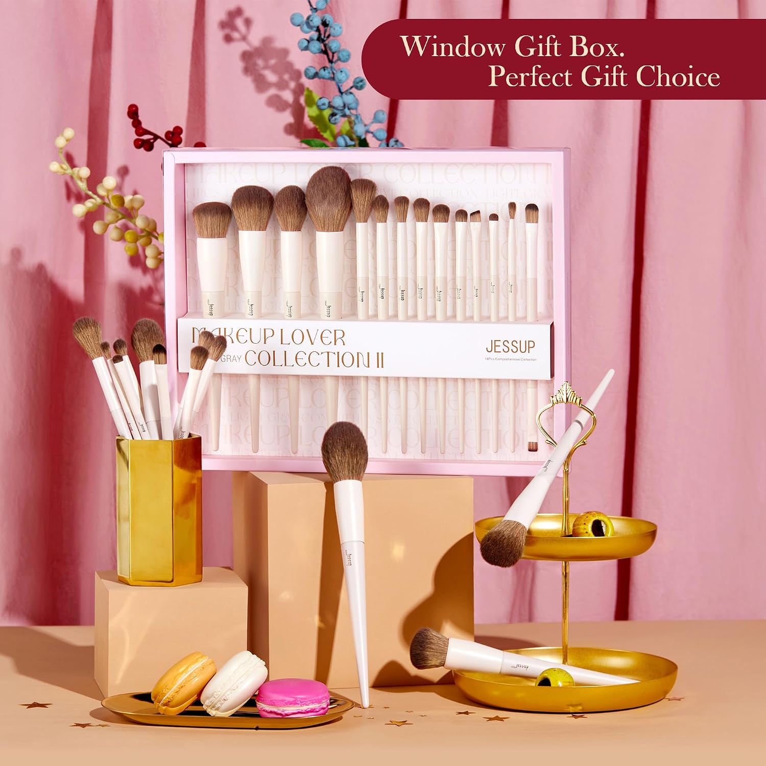 Detalle 2 de Jessup lot de 14 pinceaux maquillage en coffret cadeau (T329-G) pour teint, yeux et contour