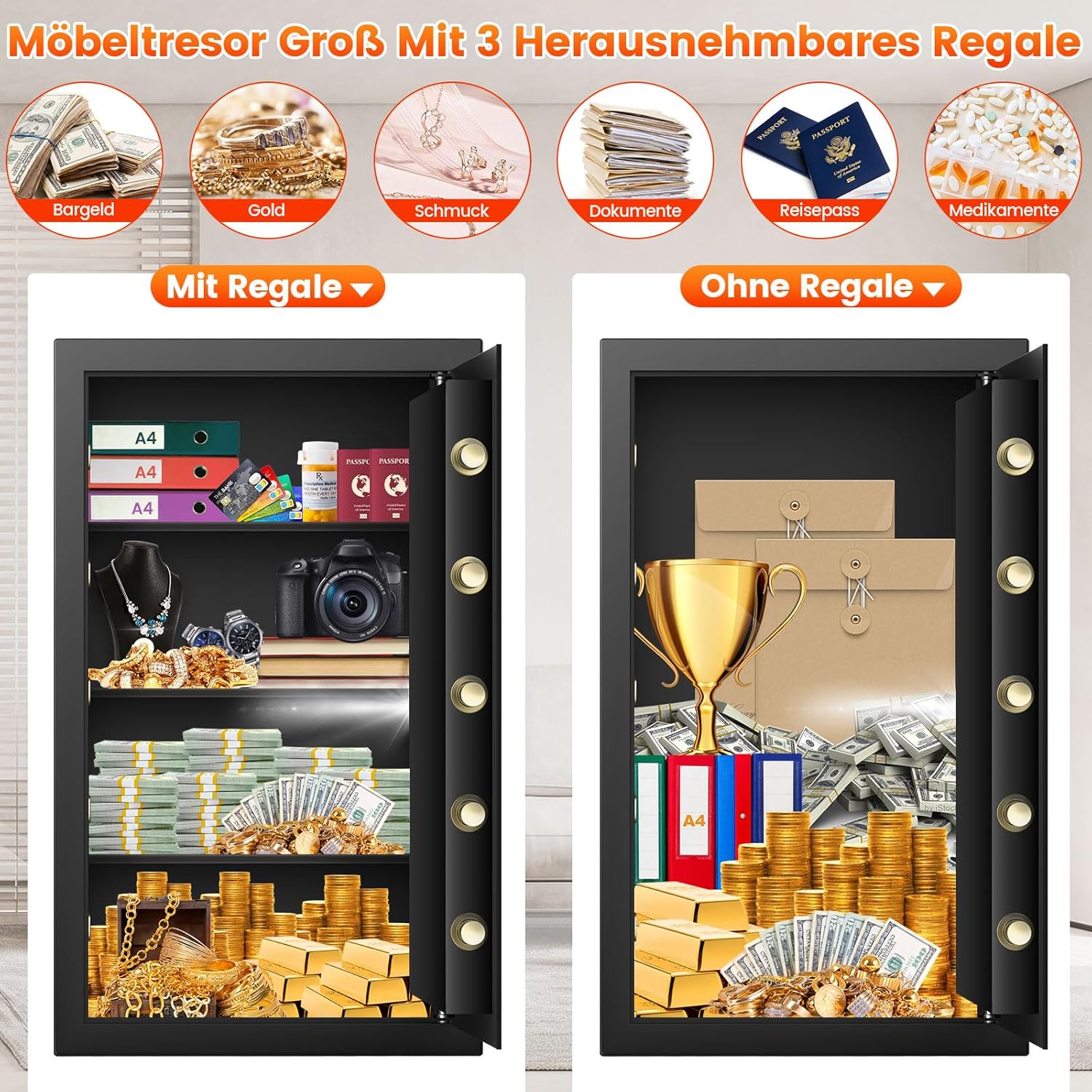 Detalle 2 de Mejasg Extra Großer Safe 102L: feuerfester Möbeltresor mit Alarmanlage, Dokumententasche und 3 herausnehmbaren Regalfächern