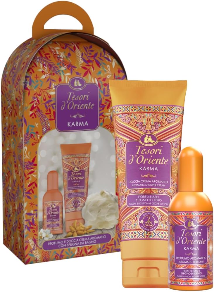 Tesori d'Oriente Karma Set Regalo: Doccia Crema 250 ml, Profumo Aromatico 100 ml e Spugna da Bagno