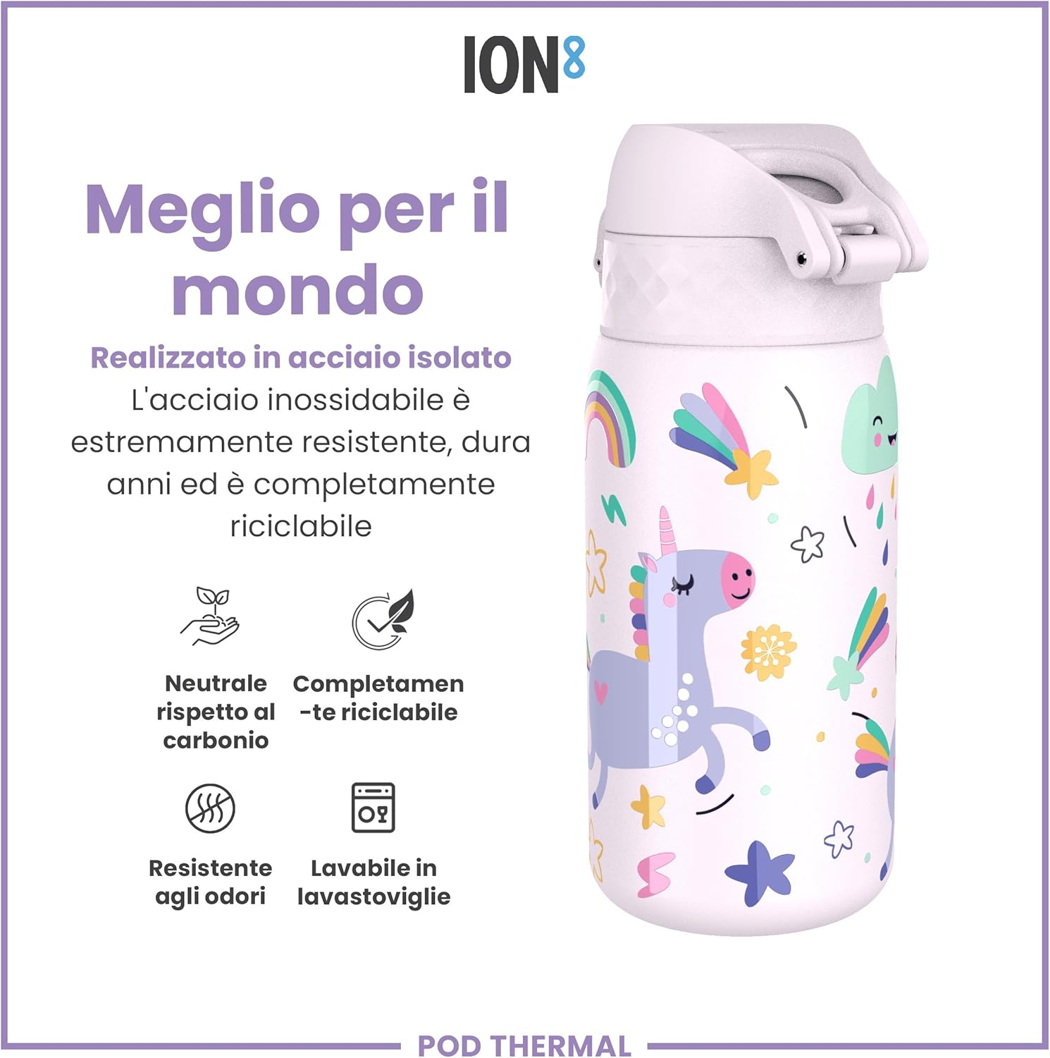 Detalle de Ion8 Borraccia Termica in Acciaio Isolato 320 ml – Unicorn Rosa, a prova di perdita