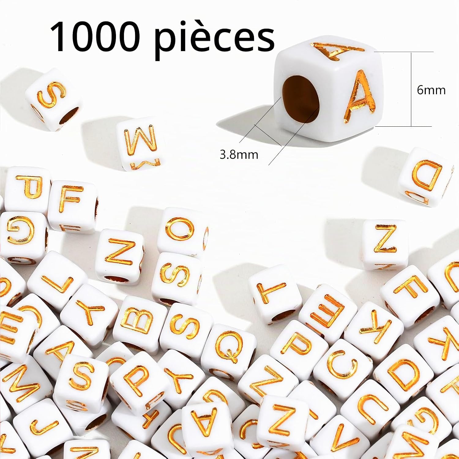 Detalle de HERZONE alfabetkralen van acryl, 1.000 stuks, A-Z, 6 x 6 mm, witgoud