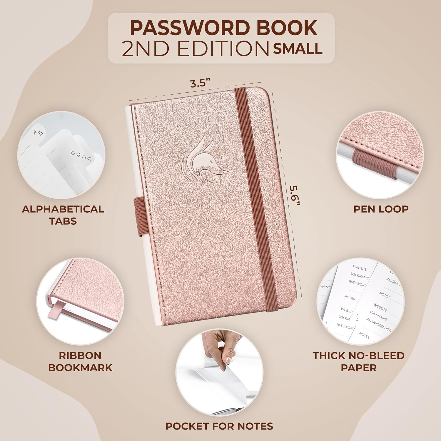 Detalle 2 de Clever Fox Password Book 2nd Edition Small (Rose Gold) – Pocket password keeper with alphabetical laminated tabs