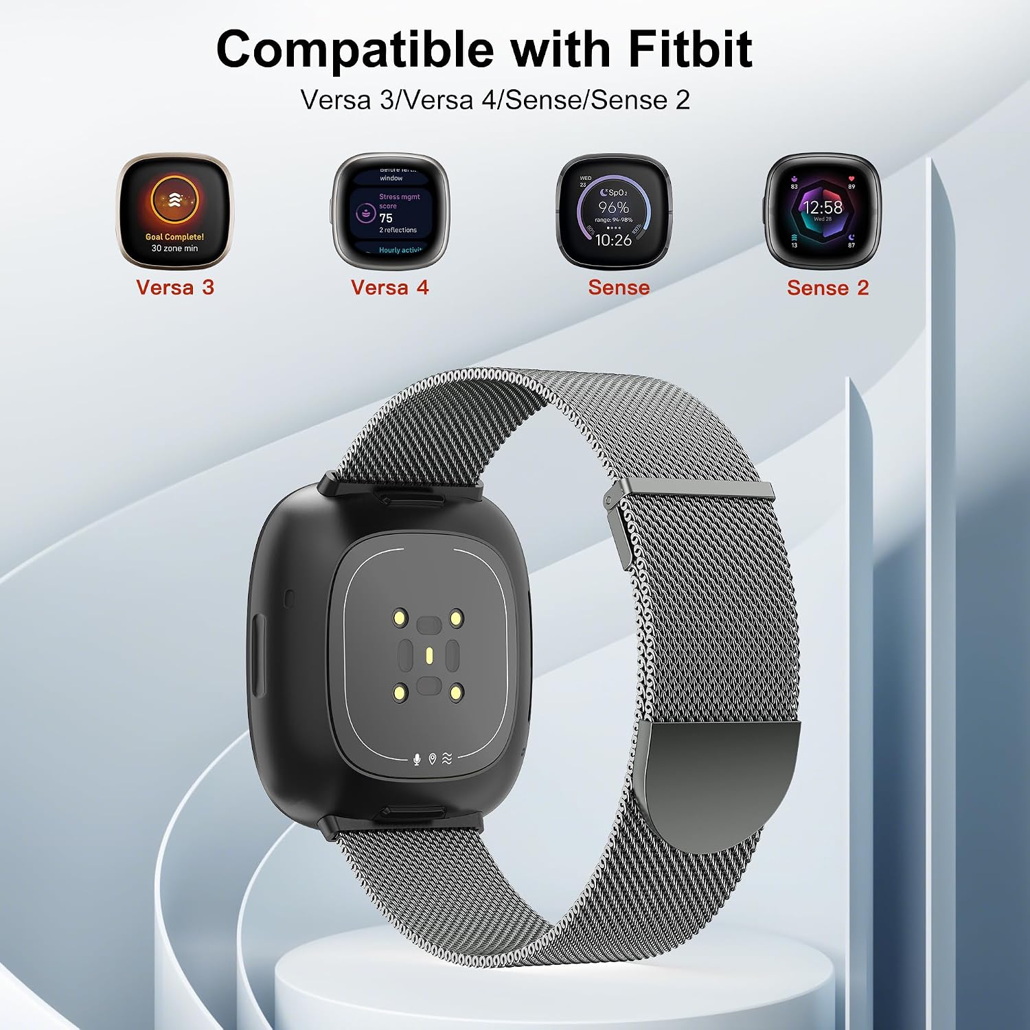 Detalle de Higgs Magnetic Mesh Strap for Fitbit Versa 3/4 & Sense 2 – Graphite