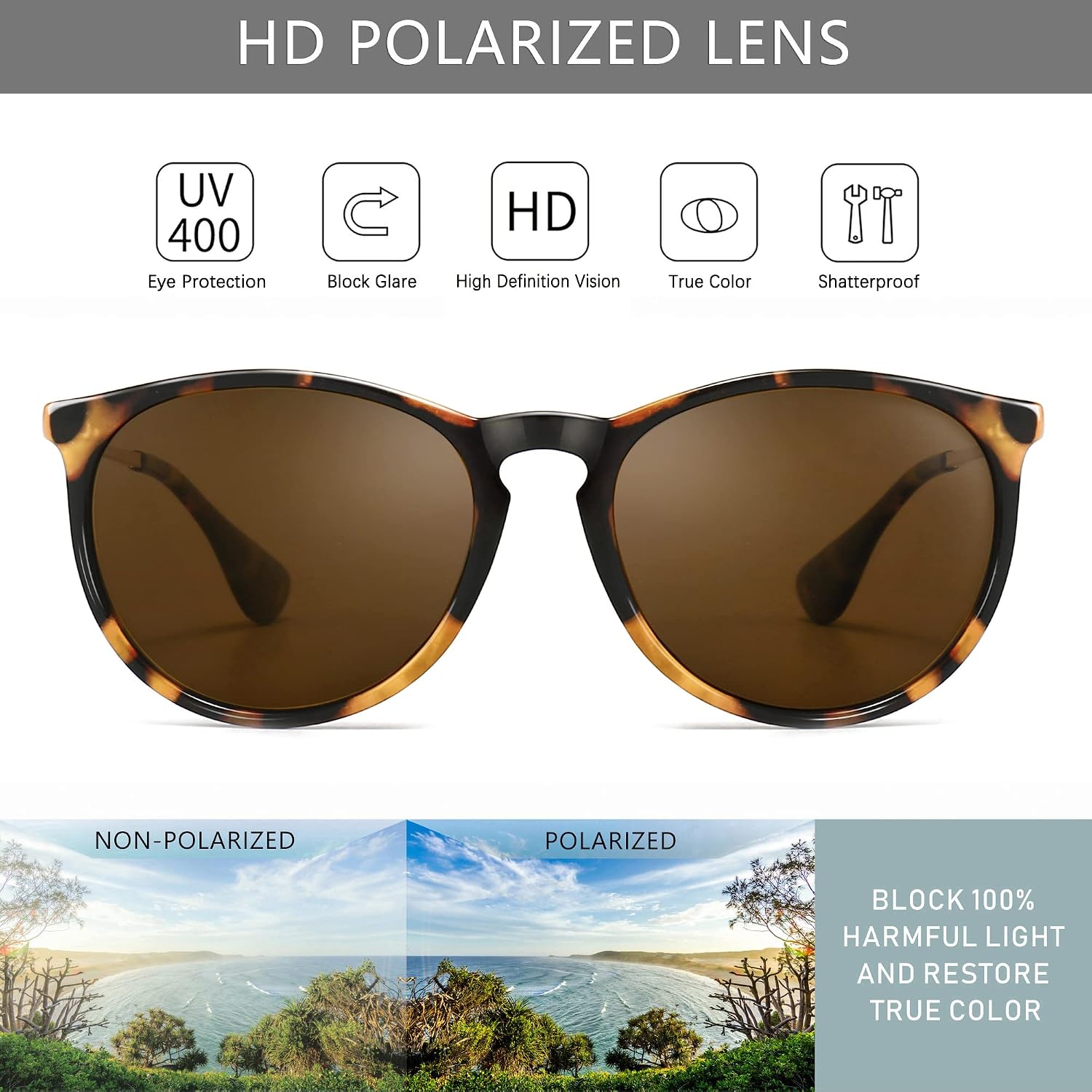 SUNGAIT Vintage Round Polarised Sunglasses for Women with UV400 Protection – 1567BWKC-UK