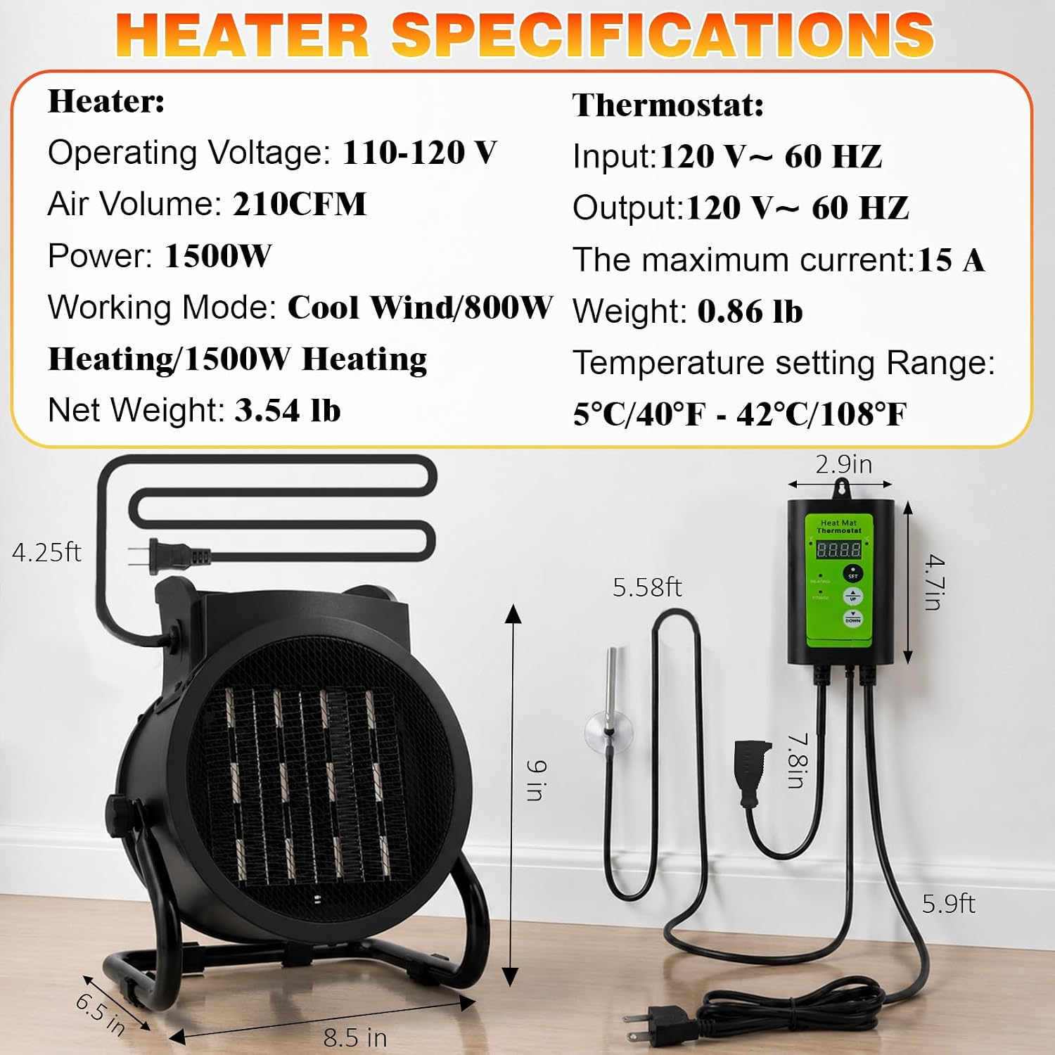 Detalle 2 de ZIZIWIN GHH-BK Greenhouse Heater, 1500W with Digital Thermostat