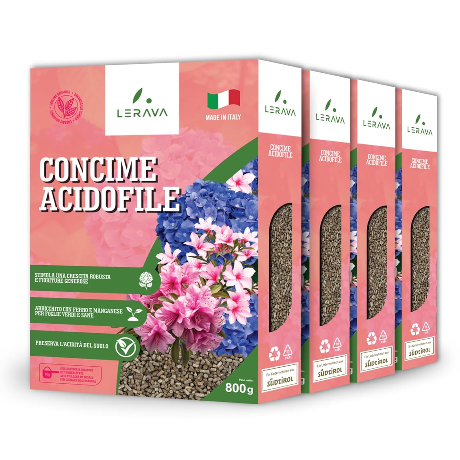 Detalle de LERAVA Concime Acidofile (4x800 g) – fertilizzante biologico per ortensie, rododendri, azalee, camelie, gardenie
