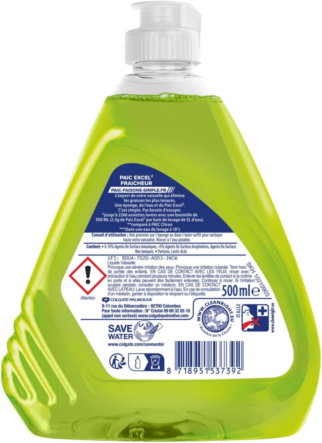 Detalle de PAIC Excel² Anti-Odeurs - Liquide Vaisselle main 12 x 500 ml, Ultra-Dégraissant et Désodorisant