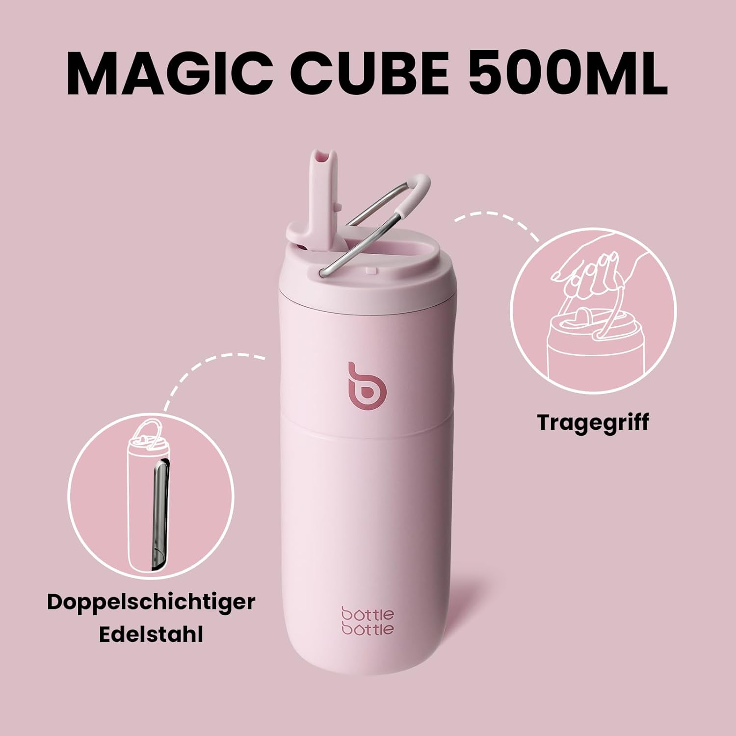 Thumbnail 4 de BOTTLE BOTTLE Edelstahl-Trinkflasche mit Strohhalm (500 ml) – auslaufsicher, BPA-frei in Pink