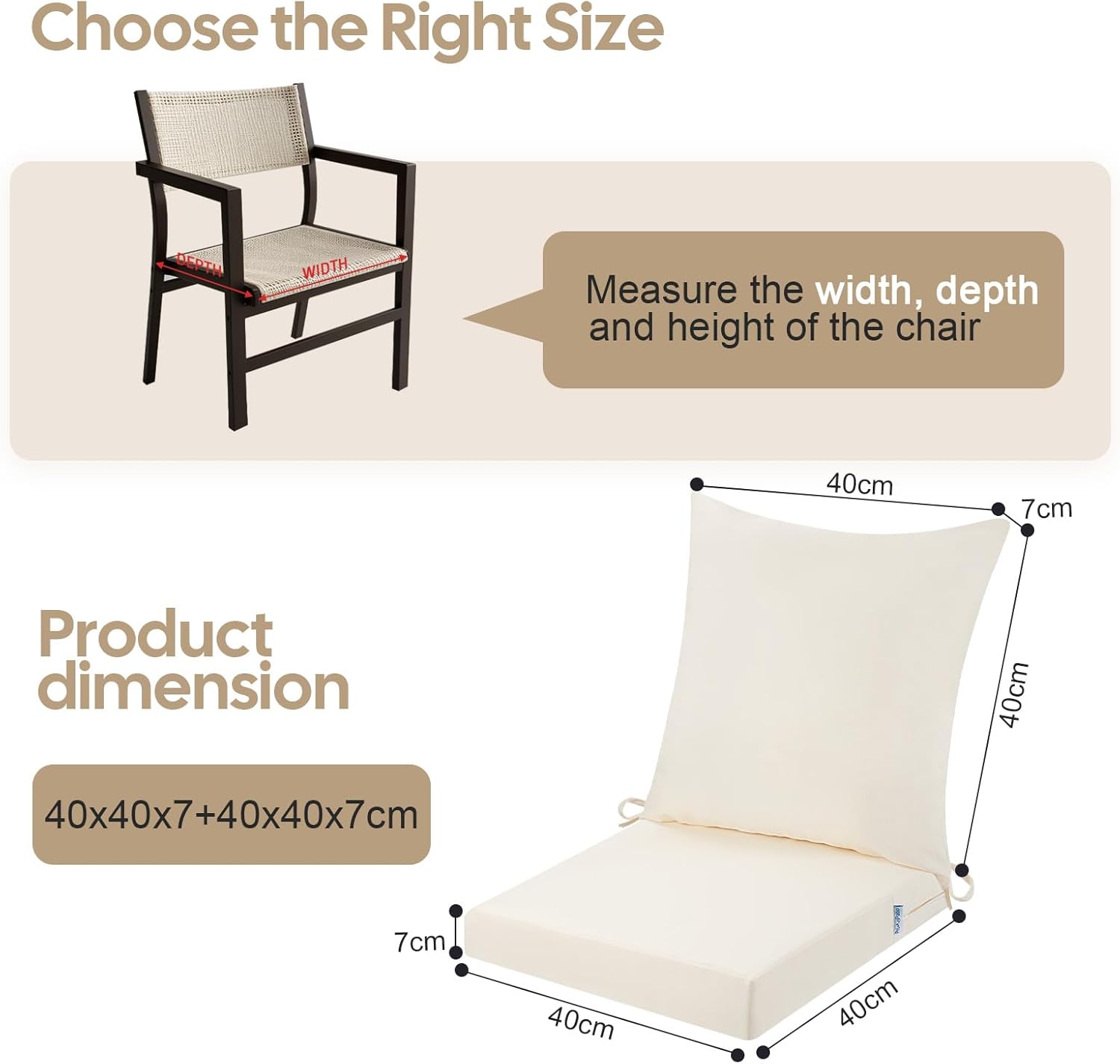Thumbnail 2 de PRIMEPATIO 40 x 40cm Outdoor Garden Chair Cushion with Backrest, 7cm Waterproof Seat Pad (Beige)