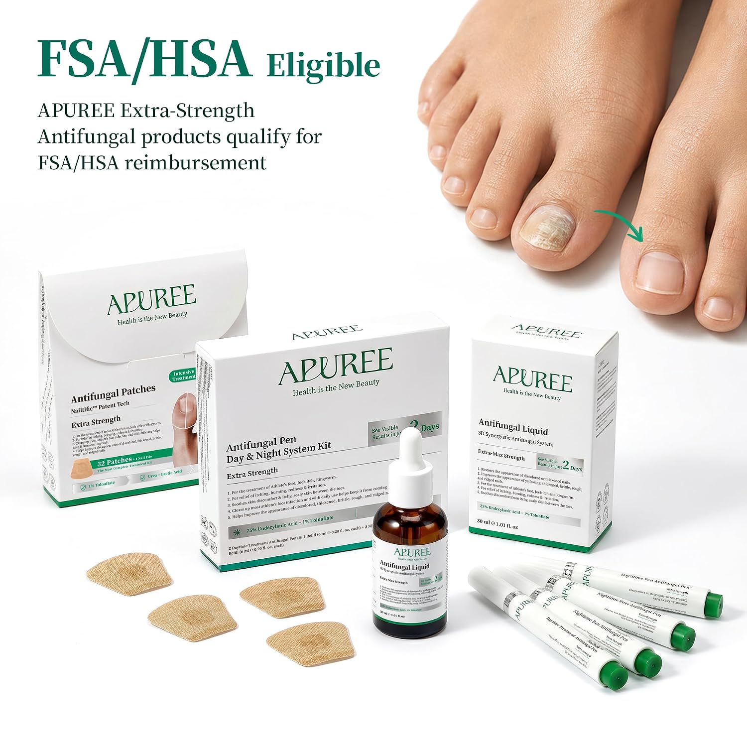 Detalle de APUREE Fungal Nail Patches Extra Strength with Tolnaftate 1% (32 Patch) for Overnight Toe Nail Treatment