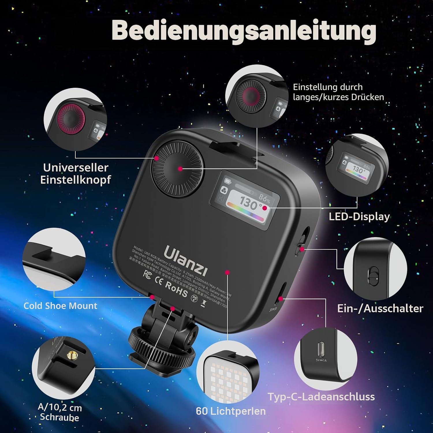 Detalle de ULANZI U60 RGB Videoleuchte mit 2500mAh Akku