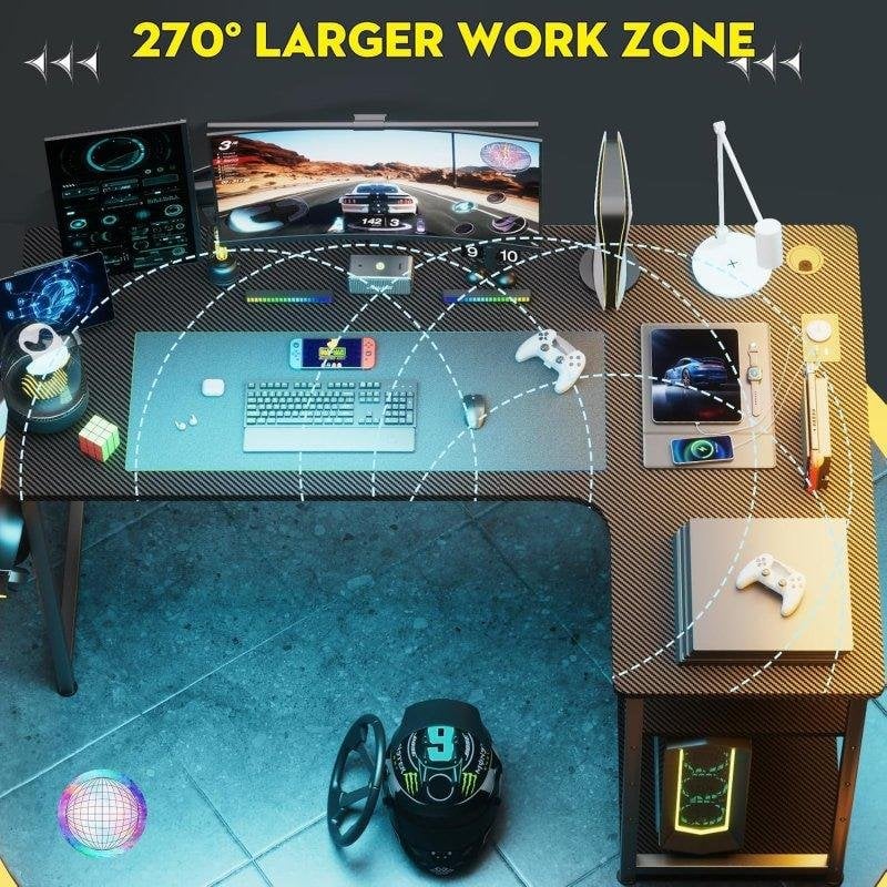 Detalle 2 de Mesa Gaming GTPLAYER L 120x80 cm con superficie de fibra de carbono, estantes ajustables y posibilidad de almacenamiento