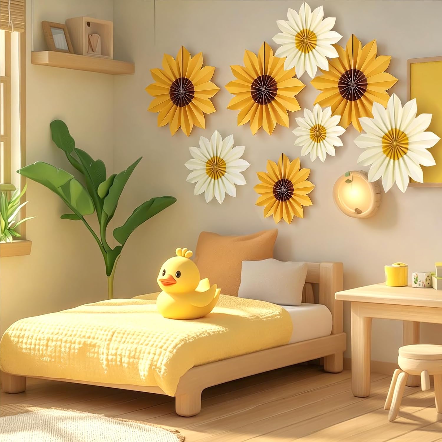 Detalle 2 de SUNBEAUTY 9 Pcs Sunflower Yellow Paper Fans Hanging Decorations