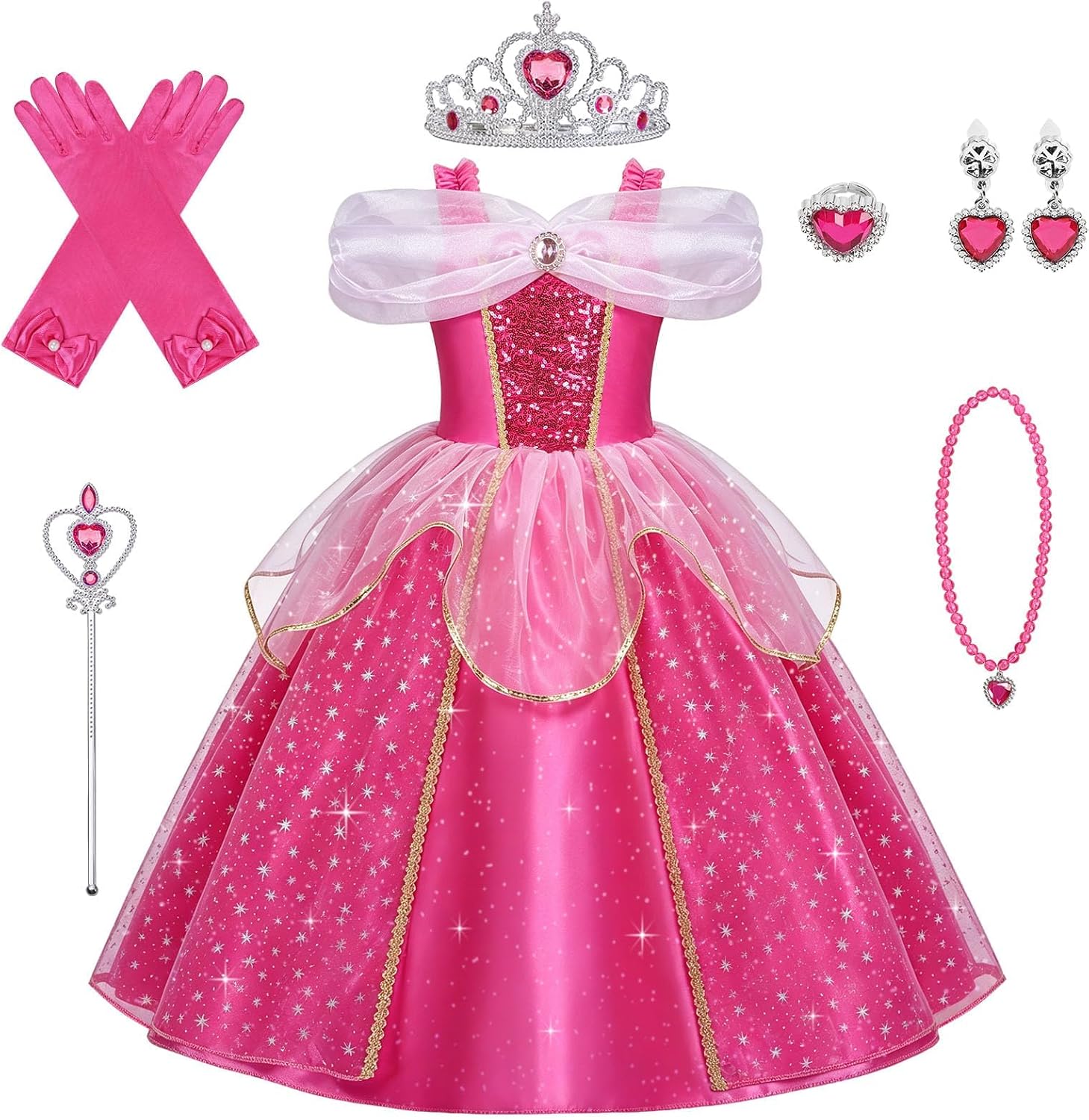 Detalle de URAQT prinsessenjurk voor meisjes, 7-delig, rozerood met kant