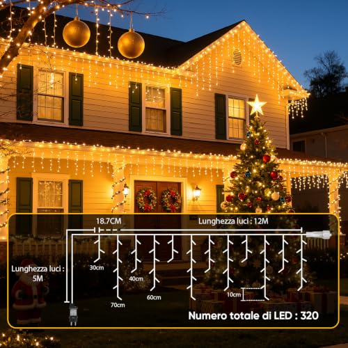 Detalle de Hoteril Luci Natale Esterno 17 m – Tenda luminosa esterna 320 LED, bianco caldo, 12 m luci + 5 m alimentazione