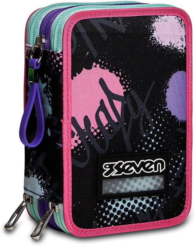 Seven Trousse à crayons à 3 compartiments XXL Girl (12,5 x 20 x 7 cm) avec stylos et fournitures