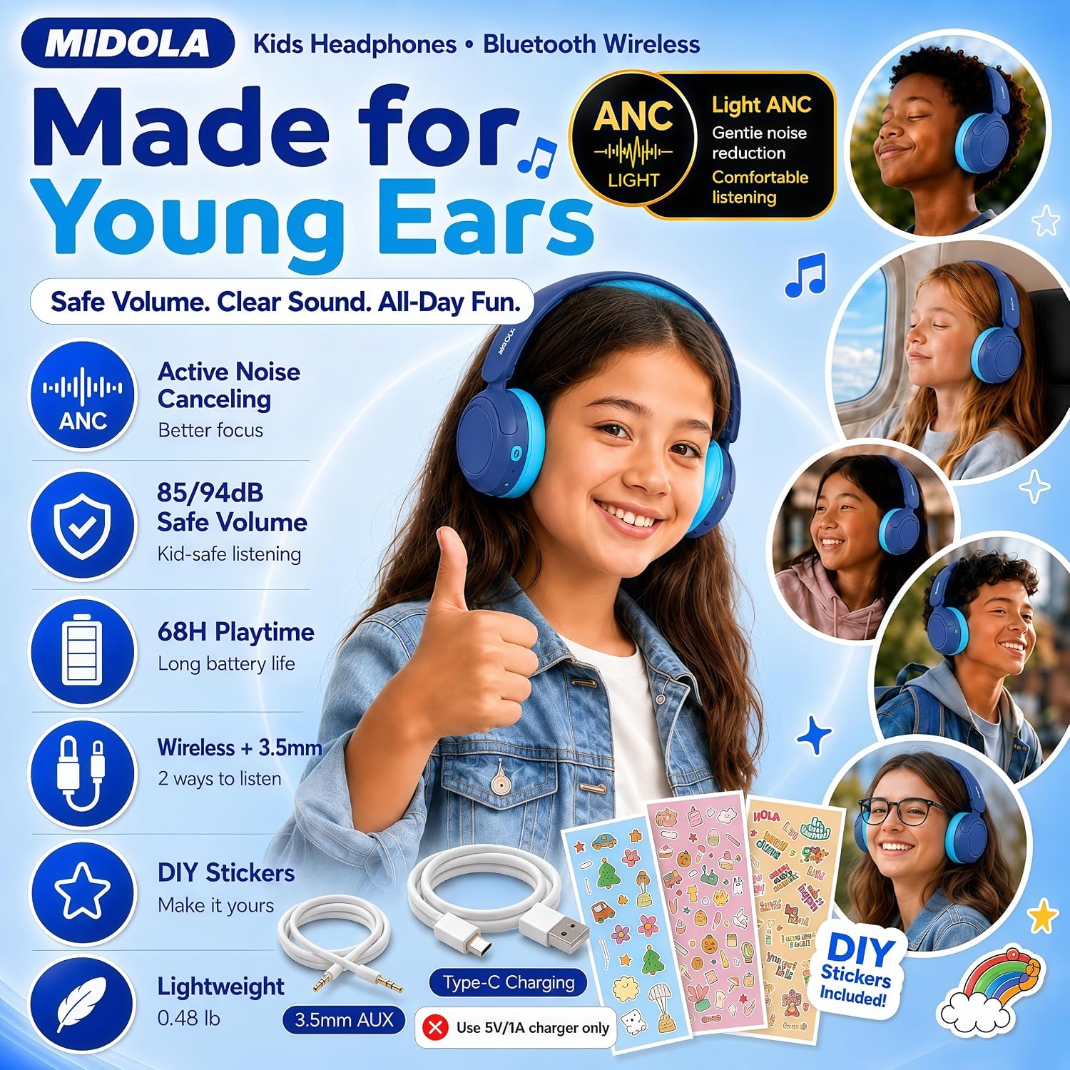 Thumbnail 1 de MIDOLA Kids Bluetooth Headphones with Active Noise Cancelling and Volume Limiting