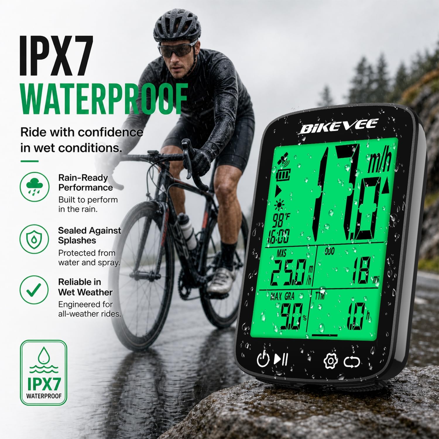 Detalle 1 de Bikevee Wireless GPS Bike Computer, 2.4-Inch Display, IPX7, 28-Hour Runtime