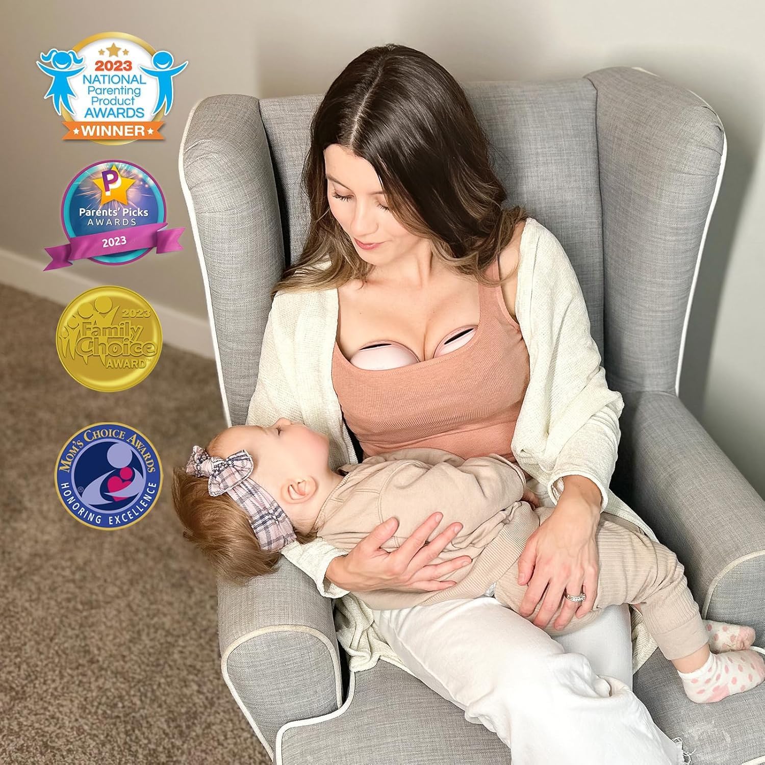 Detalle de MOMMED Double Breast Pumps, Hands Free with 3 Modes & 12 Levels, Rechargeable, 24 mm Wearable Includes 17/19/21 mm Flange Inserts