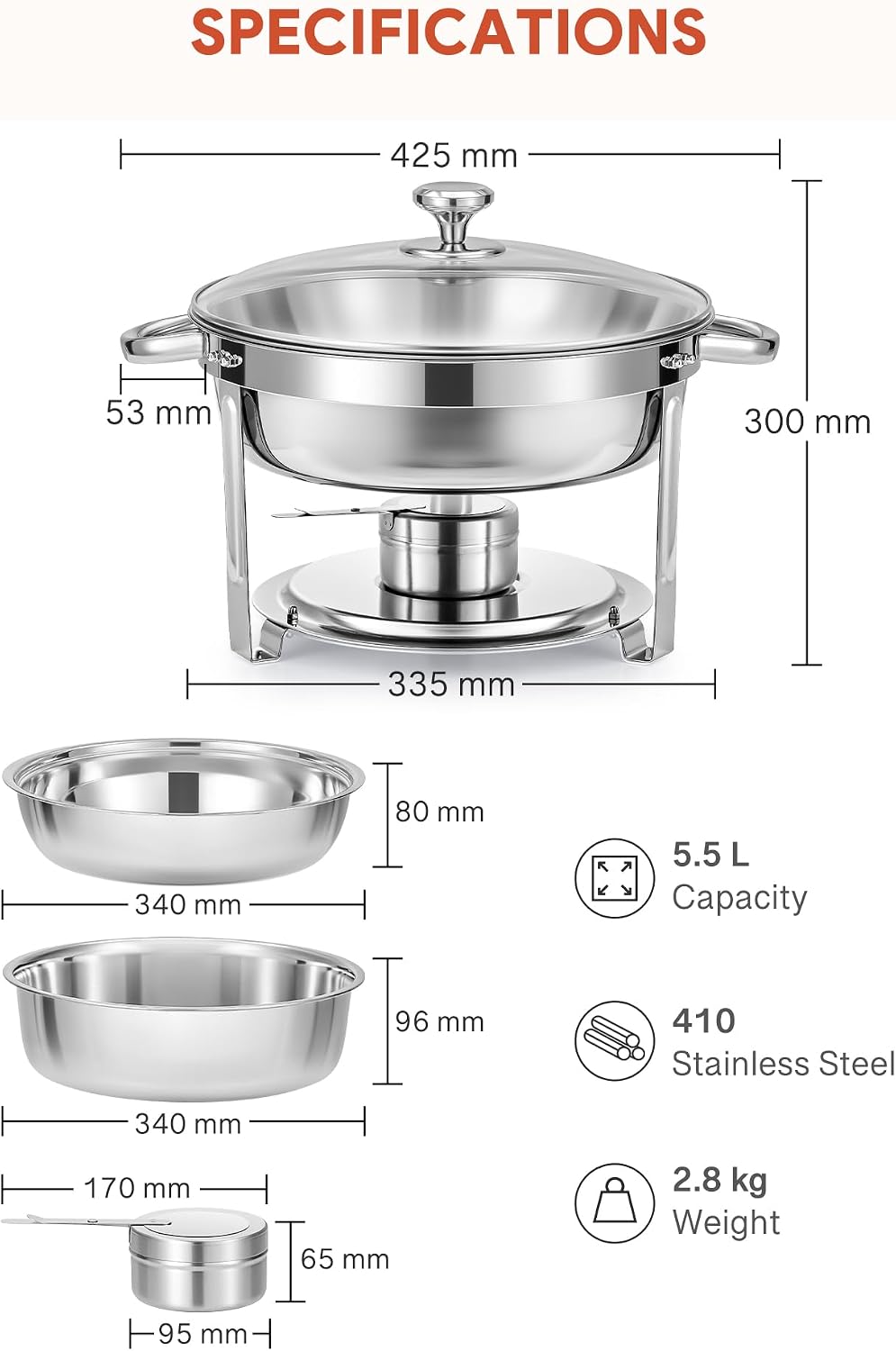 Thumbnail 5 de WILPREP Chafing Dish Buffet Set, 4 Pack 5.5L Round Chafers with Glass Lid & Lid Holder – Stainless Steel Food Warmers