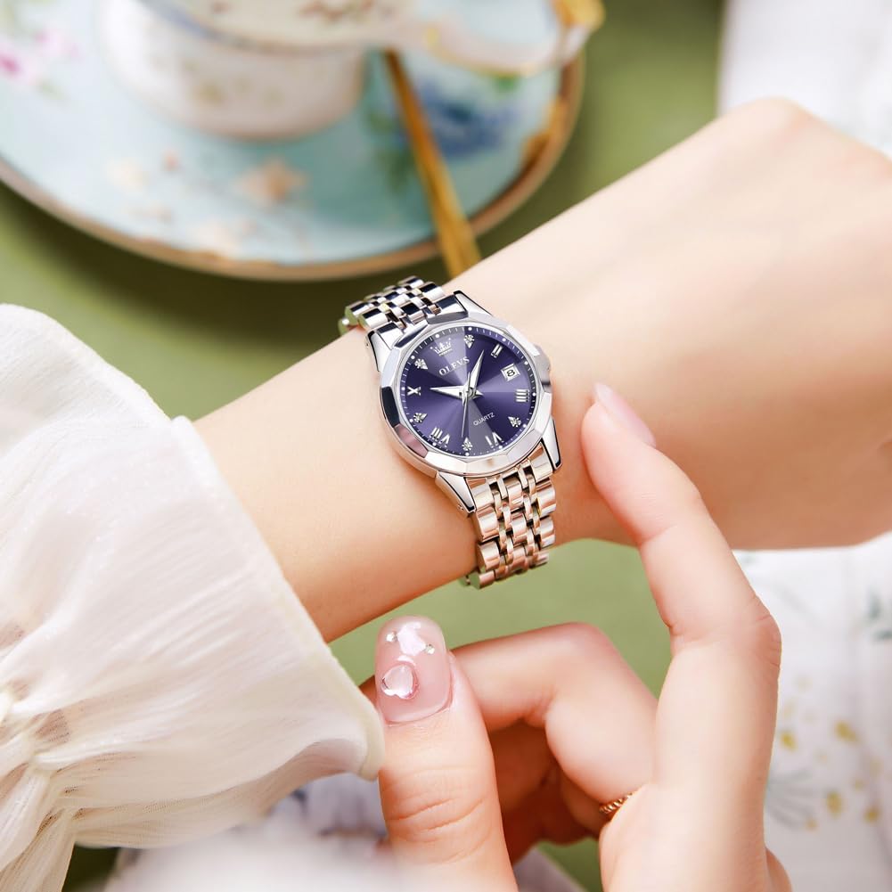Thumbnail 3 de OLEVS Damen Uhr Quarzuhr mit Diamant Edelstahlarmband – Datumsanzeige, 30 m Wasserdicht