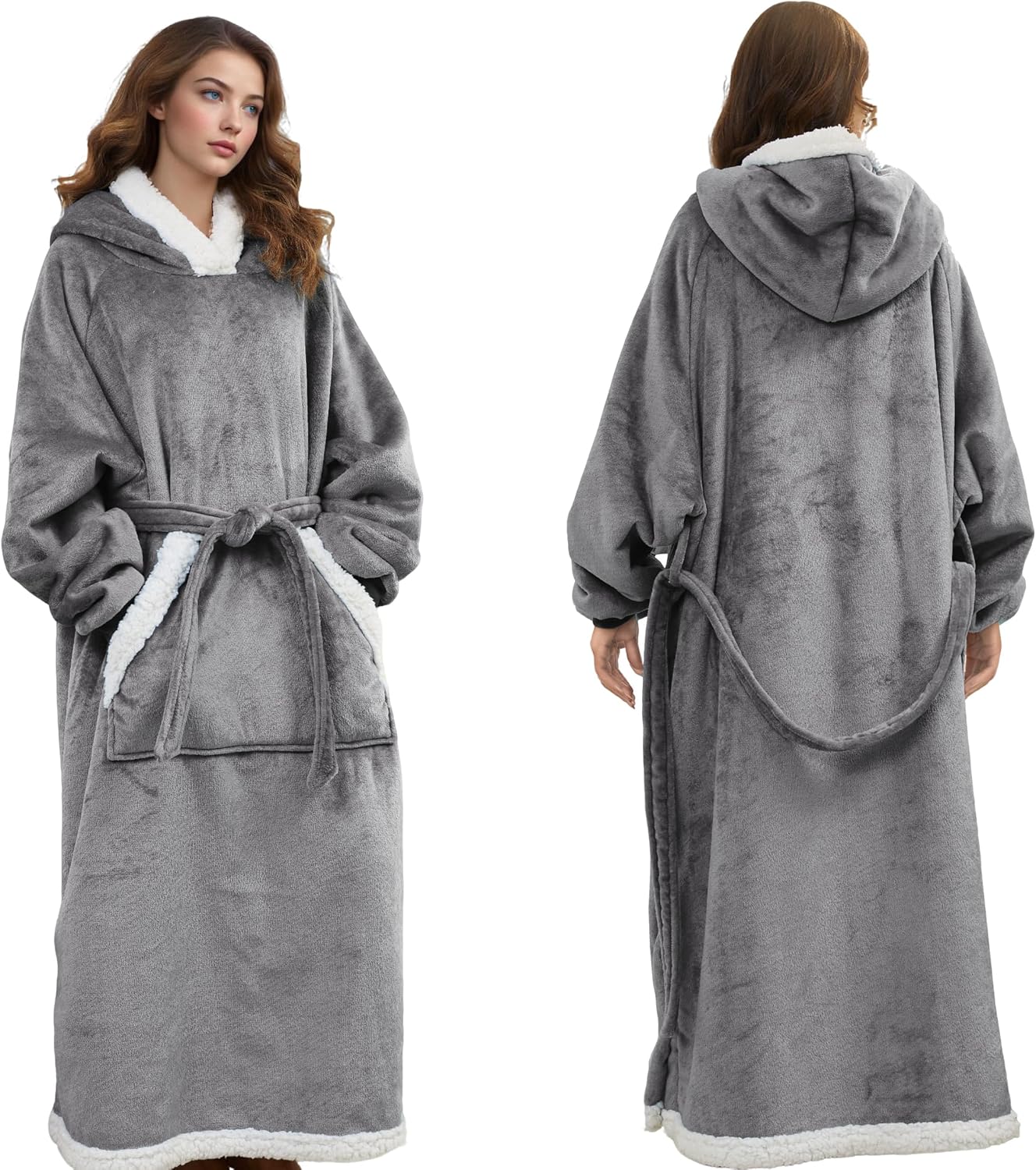 Detalle de Wearable Hoodie Blanket Soft Sherpa Fleece with Big Pocket and Adjustable Belt