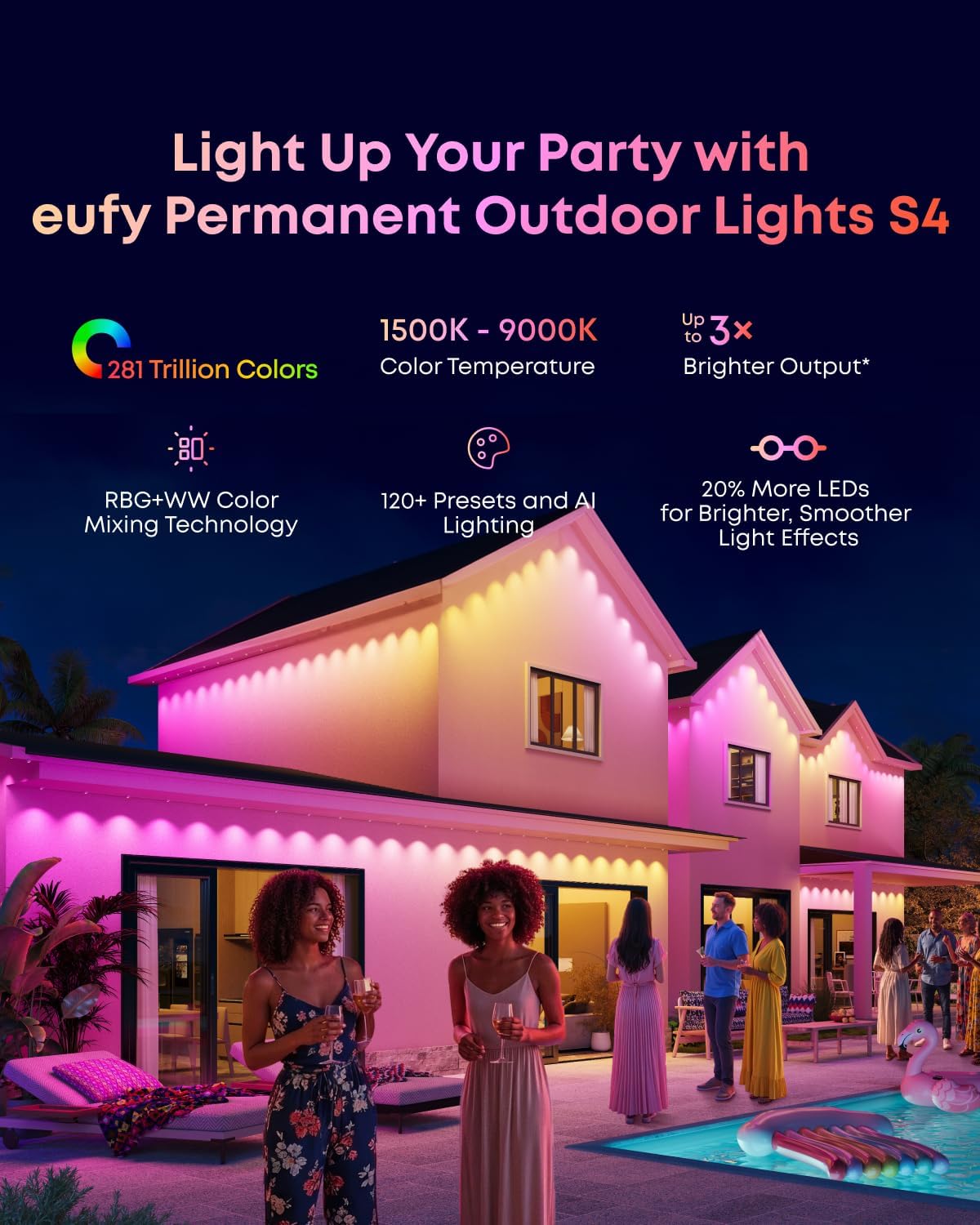 Detalle 2 de eufy S4 T8L04 Permanent Outdoor Lights, 100 ft, 72 RGBWW LEDs