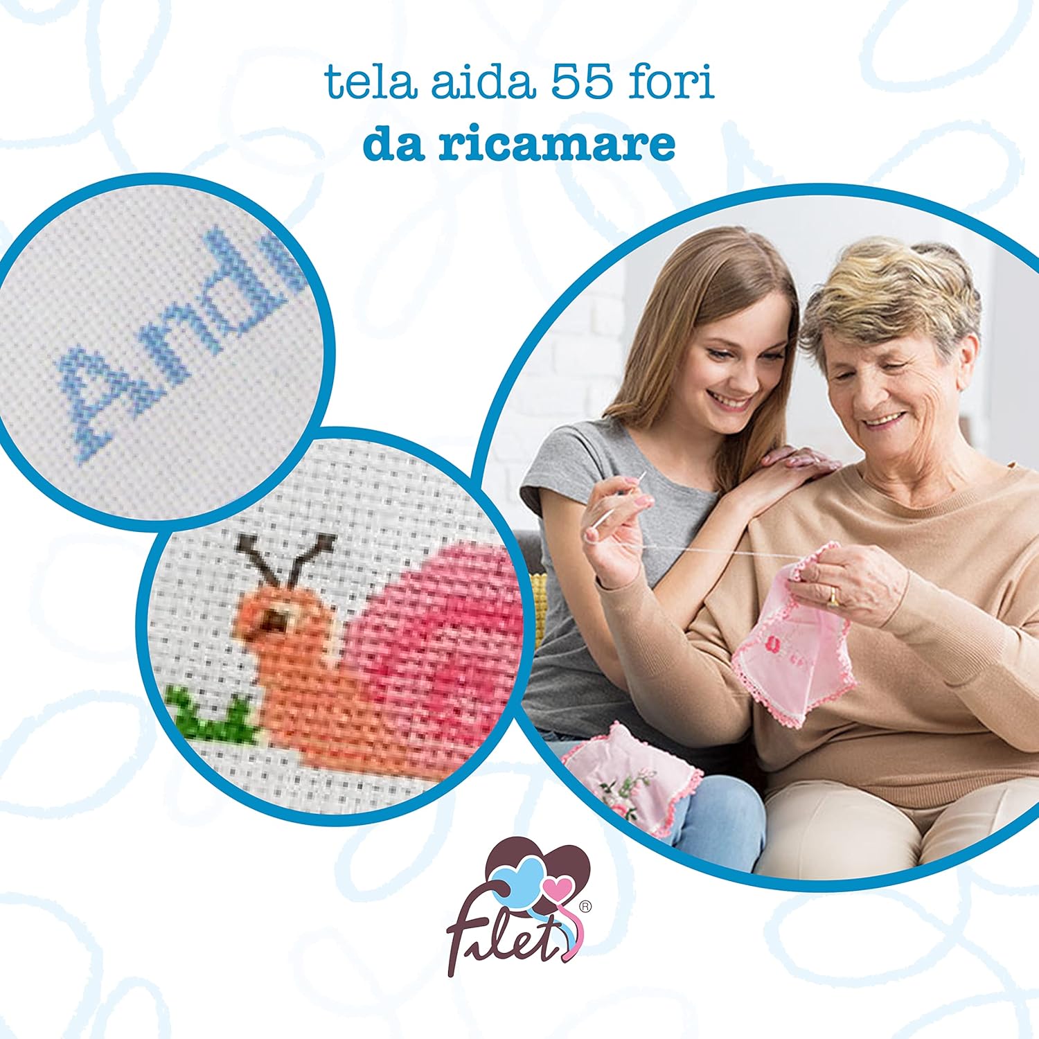 Thumbnail 4 de FILET Fiocco Nascita Cuore in Cotone con Inserto Aida 14 ct e Pendagli Rosa