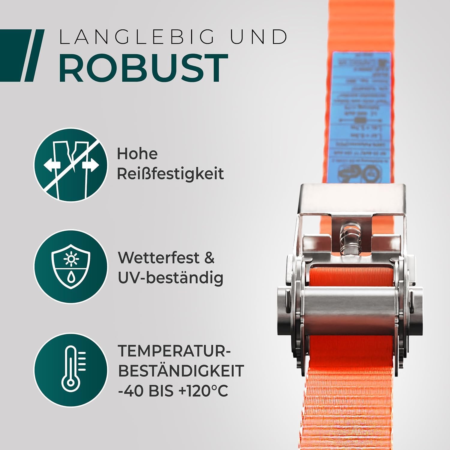 Detalle de Robuste 800 kg Spanngurte mit Ratsche – 4er Set, TÜV/GS-konform, DIN, 25 mm Breite