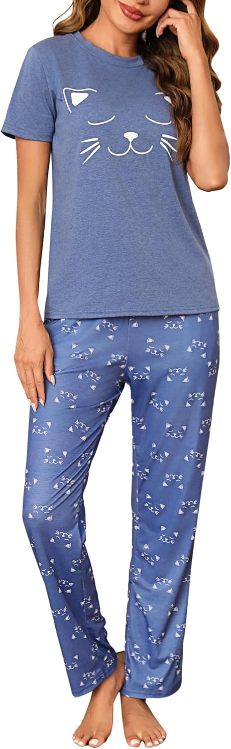 Detalle de Litherday Pyjama Femme Hiver – Ensemble coton et polyester à imprimé chat, manches courtes