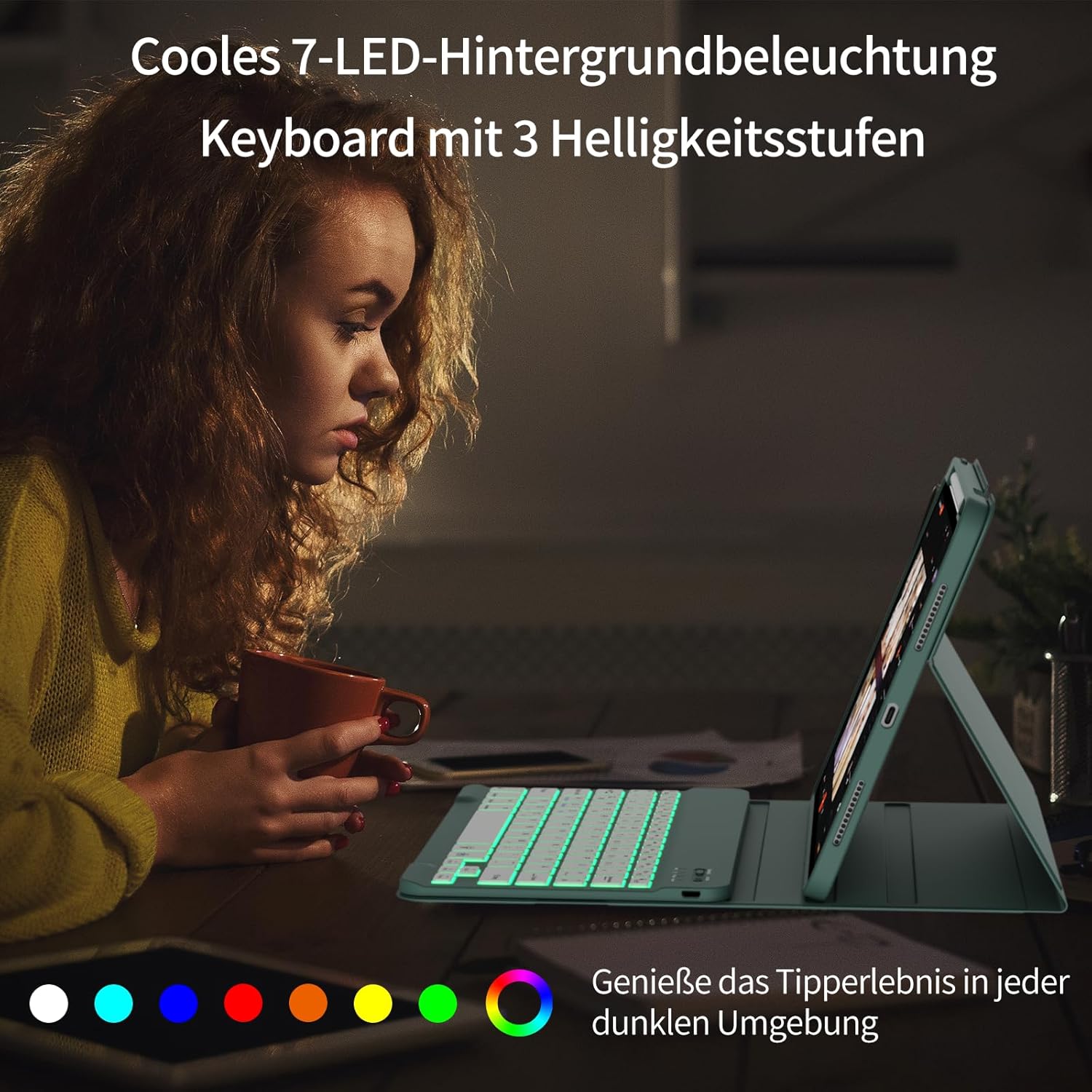 Thumbnail 4 de ZOYU Hülle mit Tastatur für iPad A16 11/10 Generation – Abnehmbare Tastatur, 7-farbige Beleuchtung, Nachtgrün