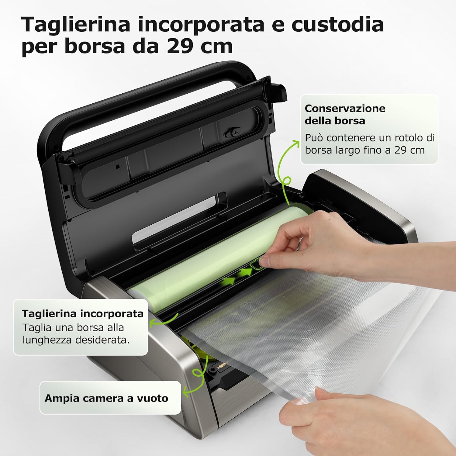 Detalle 2 de Bonsenkitchen Macchina Sottovuoto per Alimenti con tecnologia Globefish, taglierina incorporata e maniglia bloccata