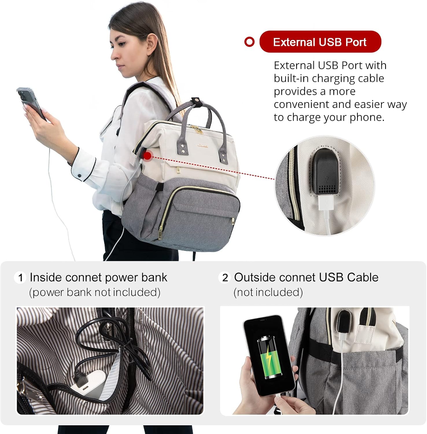 Detalle de LOVEVOOK Laptop Backpack Women 17 inch – Beige/Grey