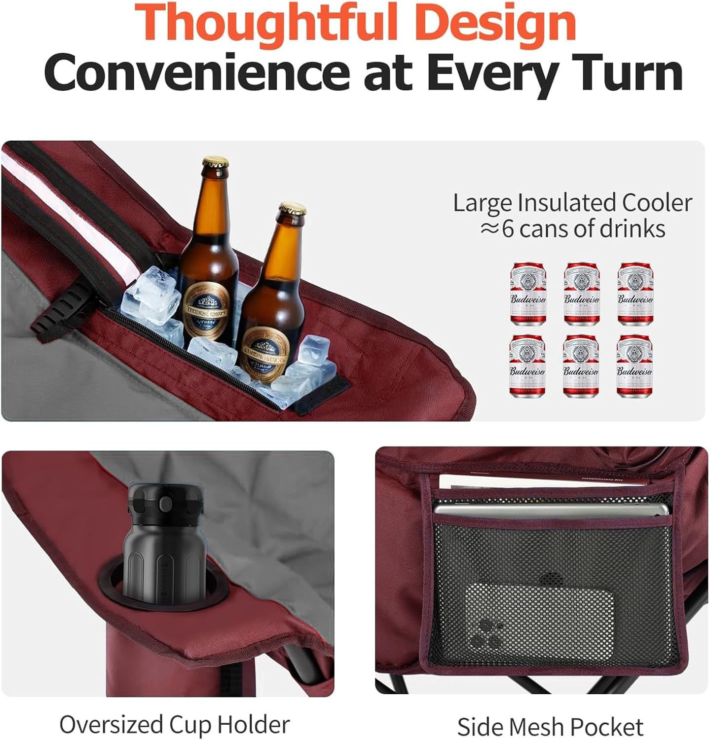 Detalle 2 de Overmont CampCouch-red Oversized Camping Chair, Padded, 500 lb Support
