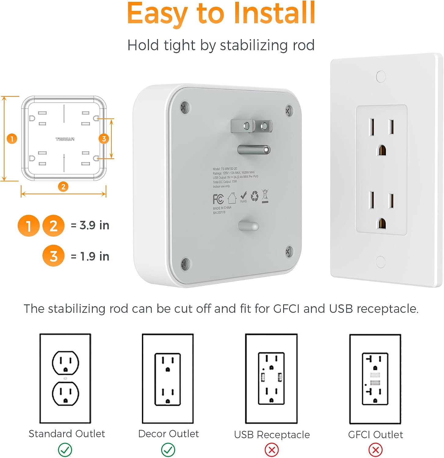 Detalle 1 de TESSAN TS-WM102-2C Wall Outlet Extender, 4 AC Outlets, 2 USB-C