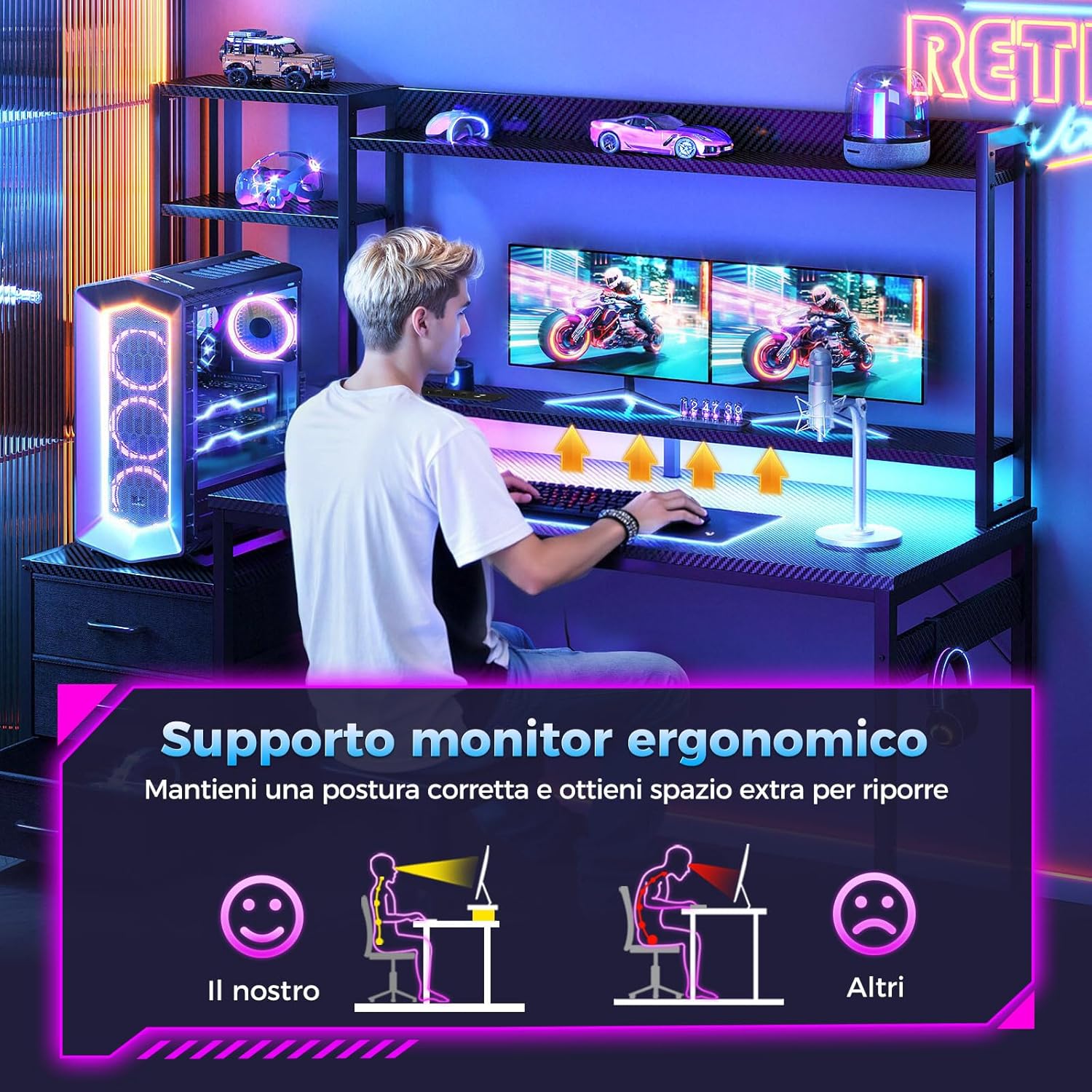 Detalle 2 de Coleshome Scrivania Gaming con libreria e cassetti, LED e presa di corrente, 137×48 cm (nero fibra di carbonio)