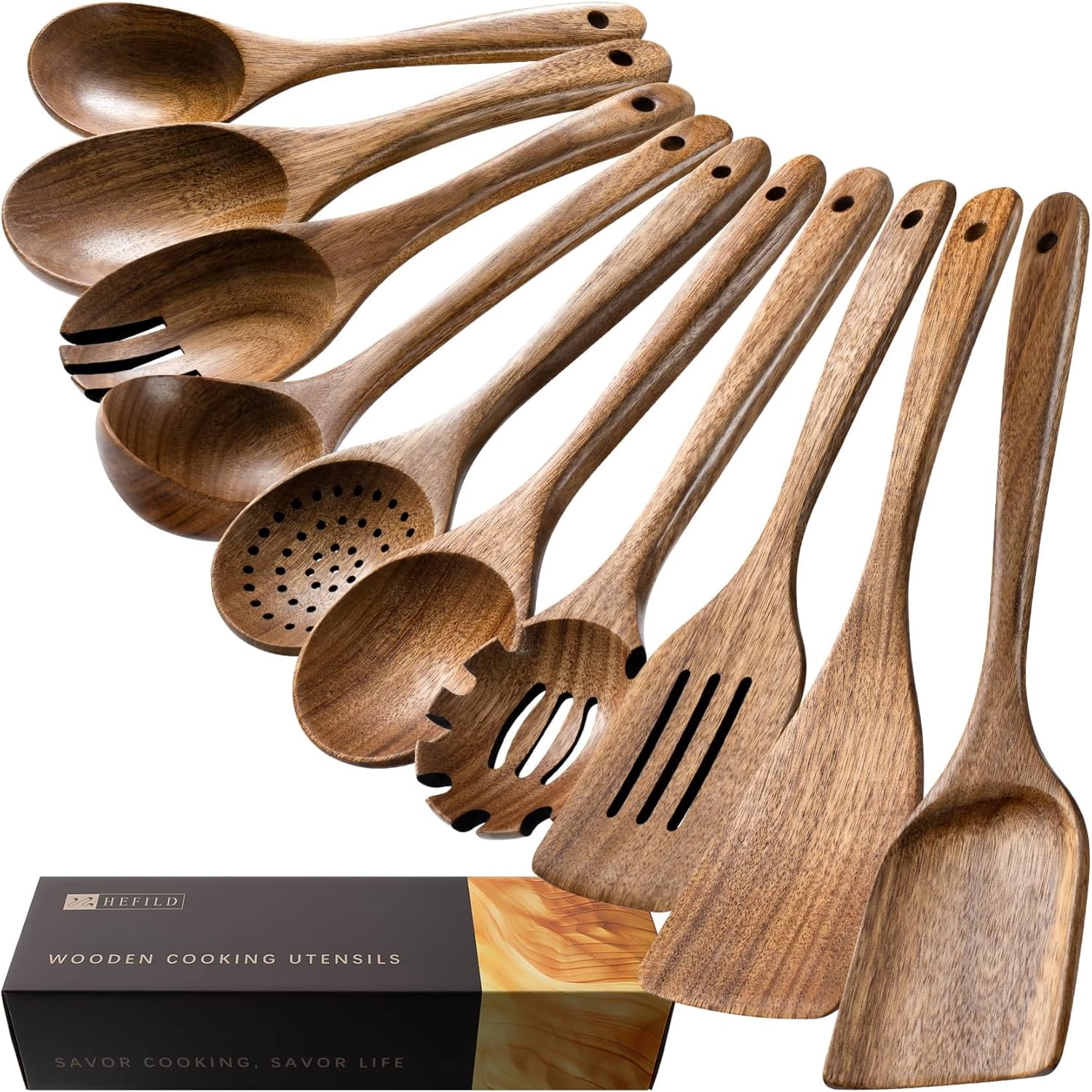 Detalle de Hefild Wooden Spoons 10-Piece Acacia Utensil Set 🥄