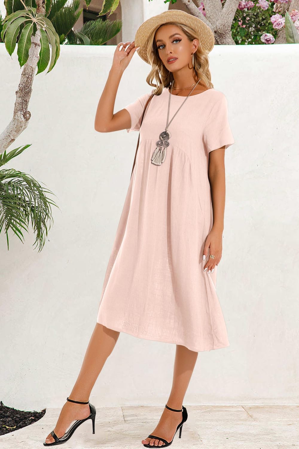 Thumbnail 4 de Tincini Sommerkleid Damen aus Leinen & Baumwolle – V-Ausschnitt Midikleid mit A-Linie