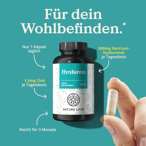 Detalle de NATURE LOVE Hyaluron Kapseln mit Zink – Hochdosiert 500 mg, 90 Kapseln, Vegan & Laborgeprüft