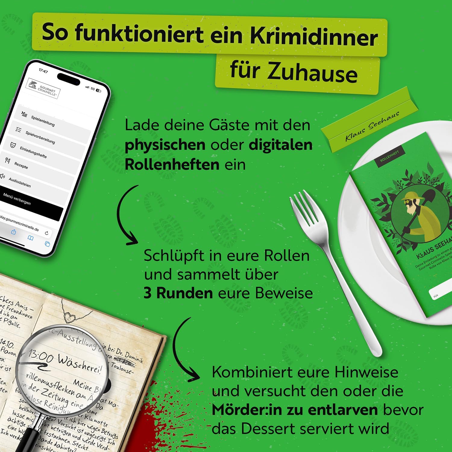 Detalle de Gourmet Criminelle® Krimidinner für zuhause – Mordfall mit Gartenzwerg, Spiel für 4–6 Personen ab 16 Jahren