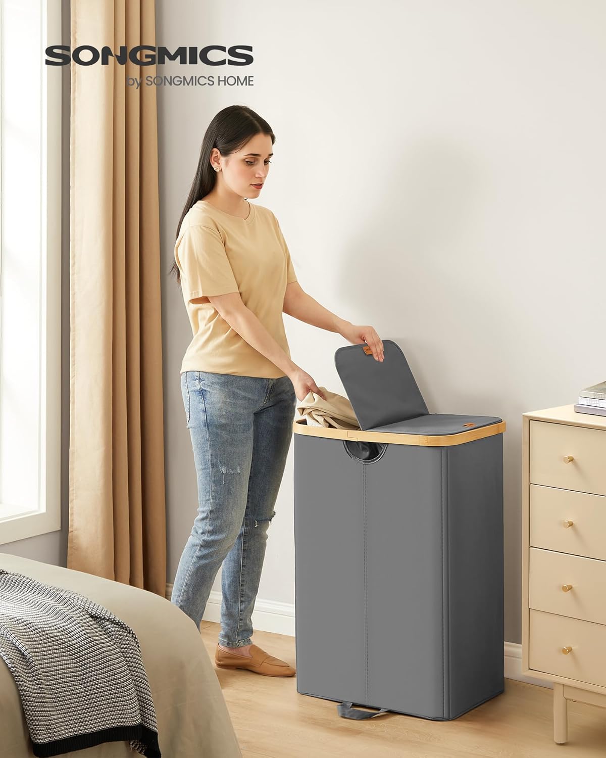 Detalle de SONGMICS LCB523G01 cesto portabiancheria a 2 scomparti da 150 L con coperchio e sacchi interni rimovibili