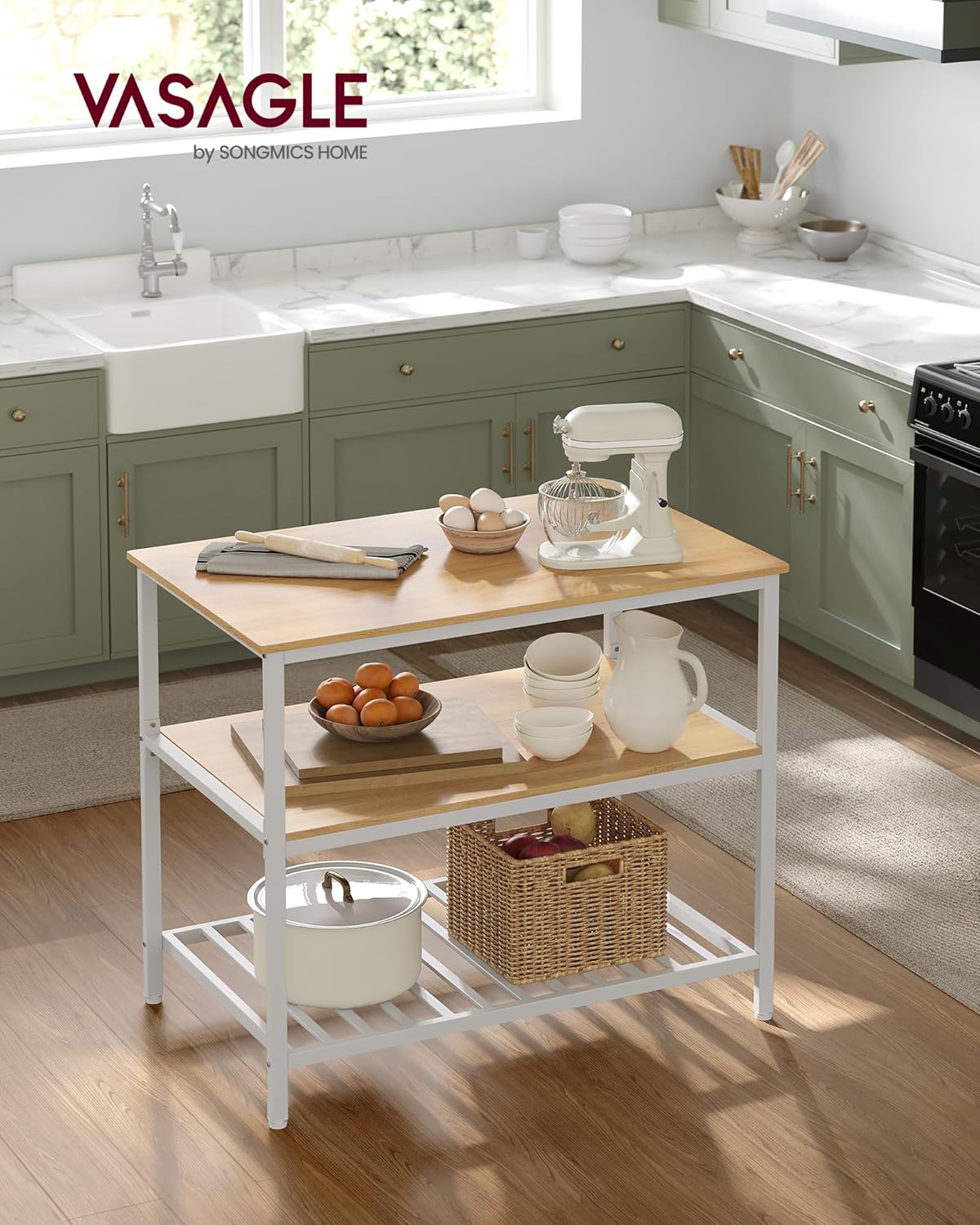 Detalle 2 de VASAGLE Isola da Cucina con ampio piano di lavoro, scaffale a 3 livelli in acciaio 60 x 100 cm - Beige Rovere e Bianco (KKI005W09)