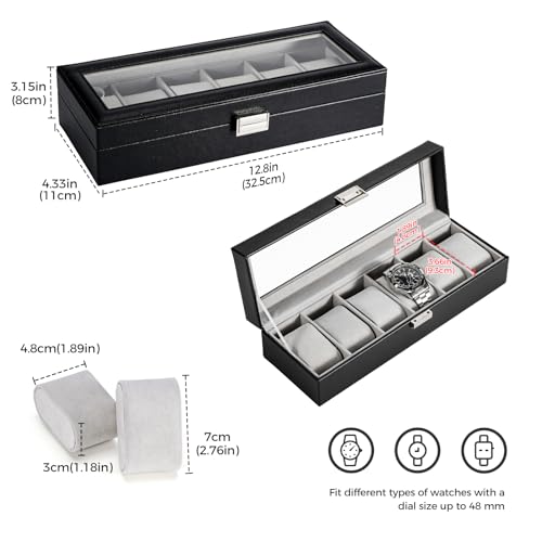 Detalle de ProCase Caja de Relojes con 6 Compartimentos, tapa de cristal y cojín extraíble – Negro