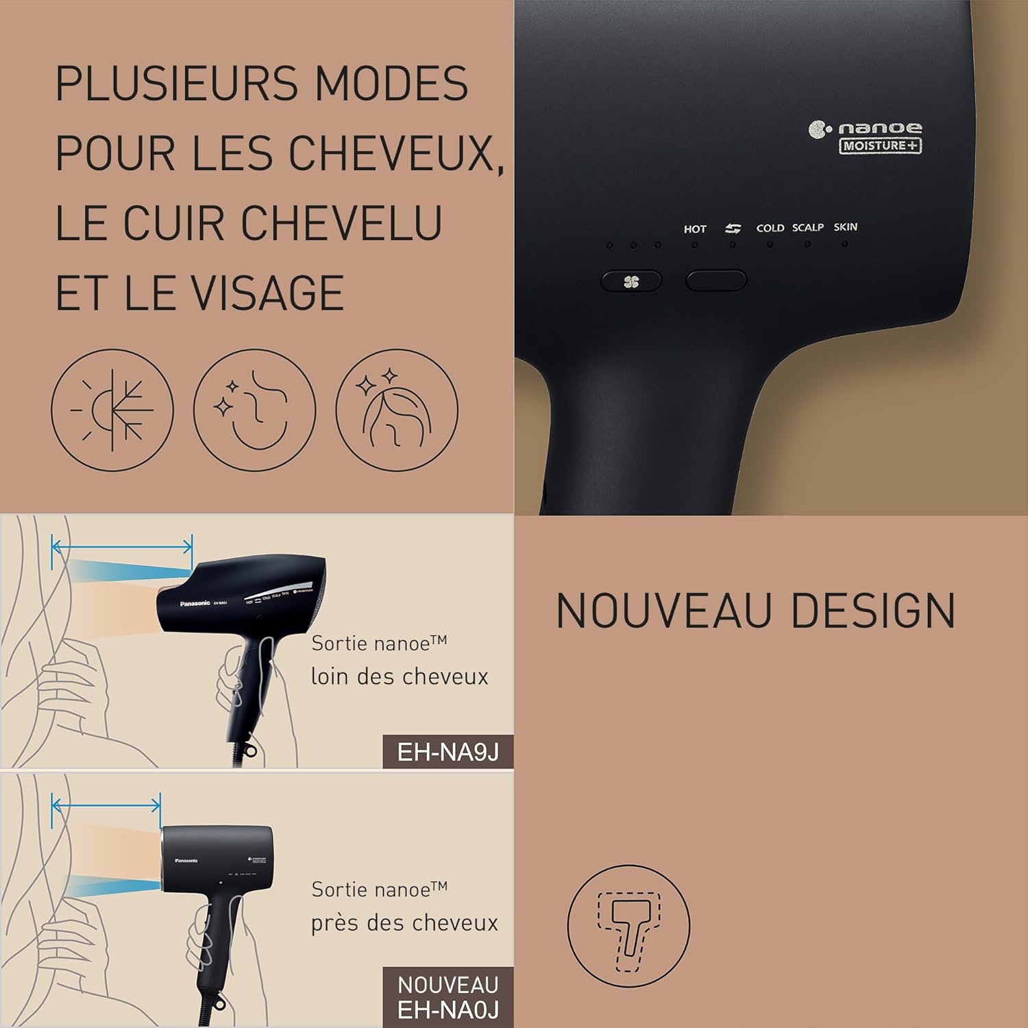 Thumbnail 4 de Panasonic EH-NA0J Nanoe MOISTUR E+ Minéral — Sèche-cheveux 1600 W noir, chaud/froid et embout concentrateur + diffuseur