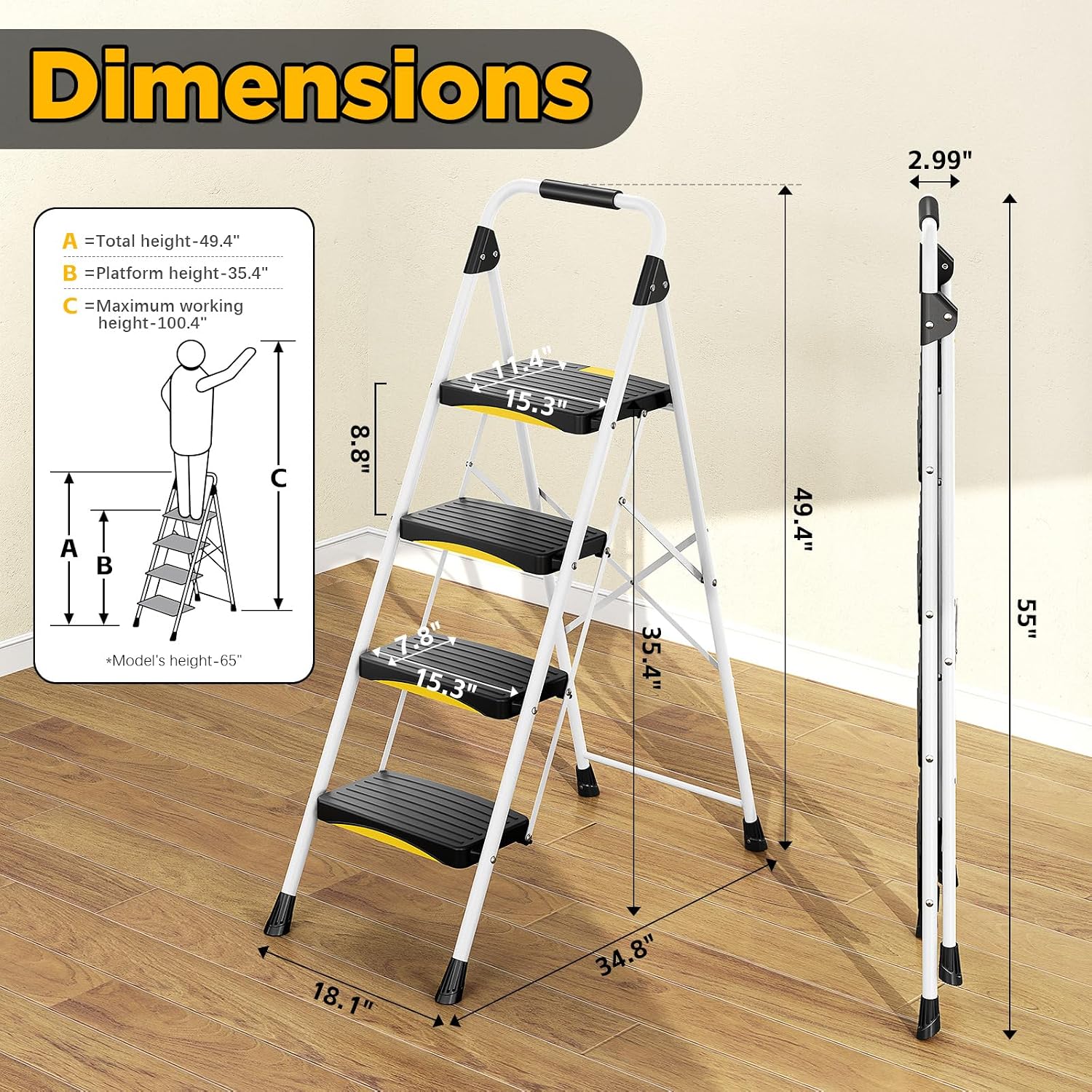 Thumbnail 6 de Urackify Step Ladder (4 Steps): Folding Steel Ladder with Safety Lock, Anti-Slip Pedals and 150 kg Capacity