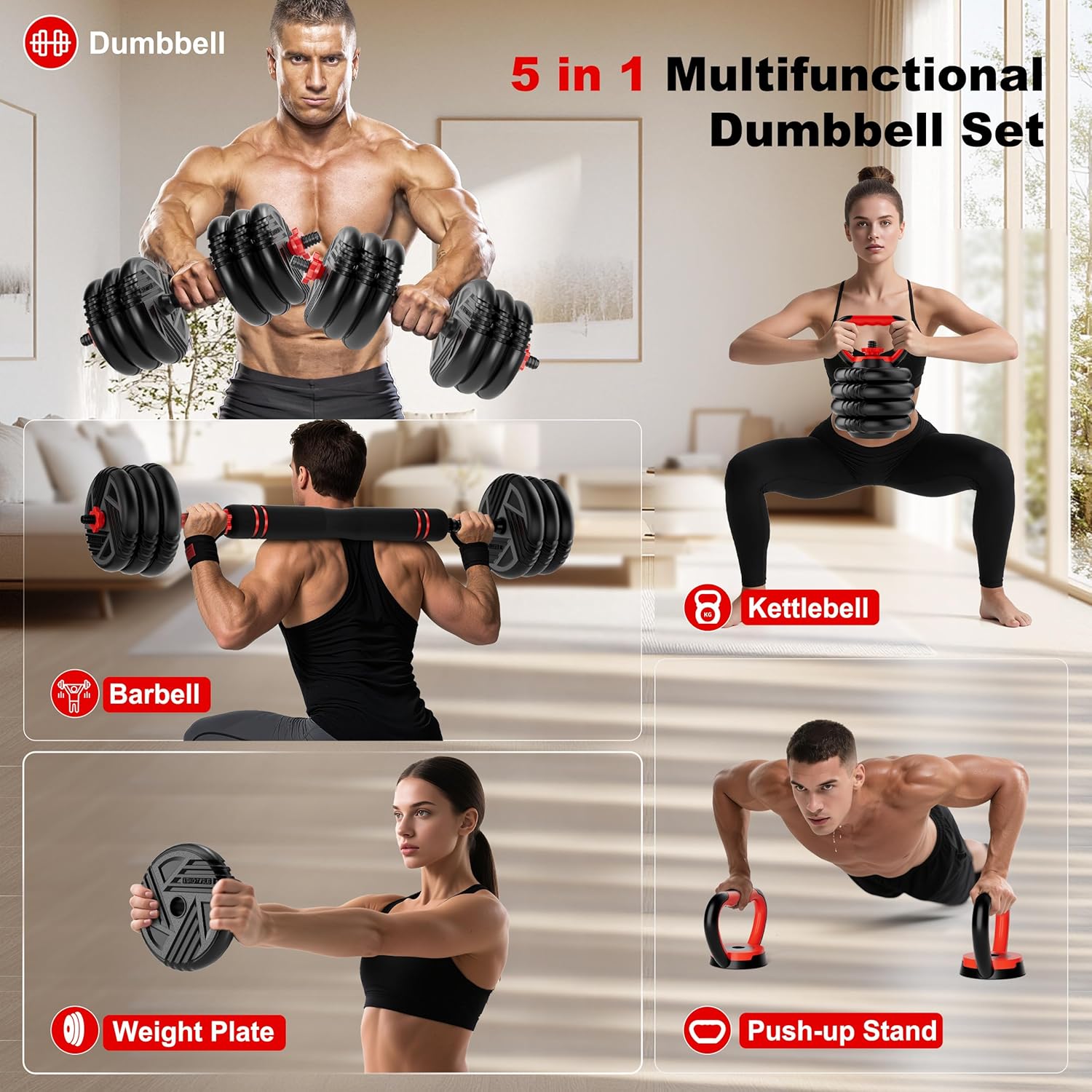 Thumbnail 1 de Adjustable Dumbbell Set 5-in-1: 10/20/30/45/70/90 lbs, Converts to Barbell & Kettlebell for Home Gym