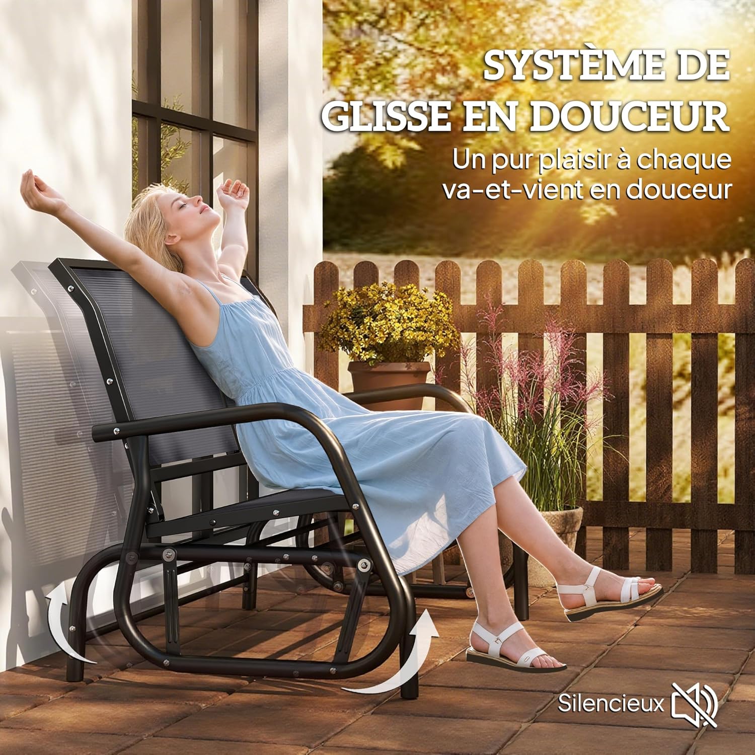 Detalle 2 de Outsunny Banc à bascule de jardin 2 places design contemporain grand confort avec accoudoirs gris
