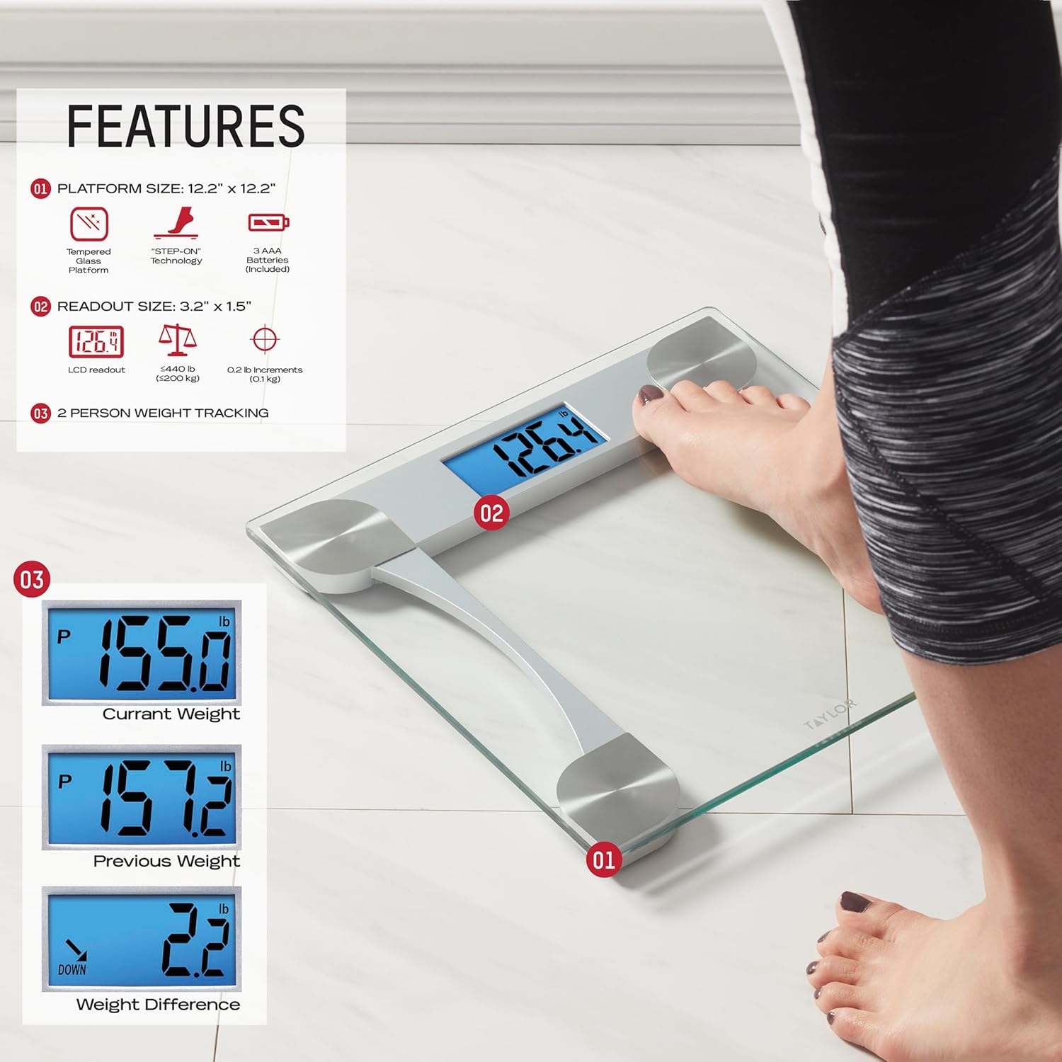 Detalle 2 de Taylor Digital Glass Scale 440 lb ๐