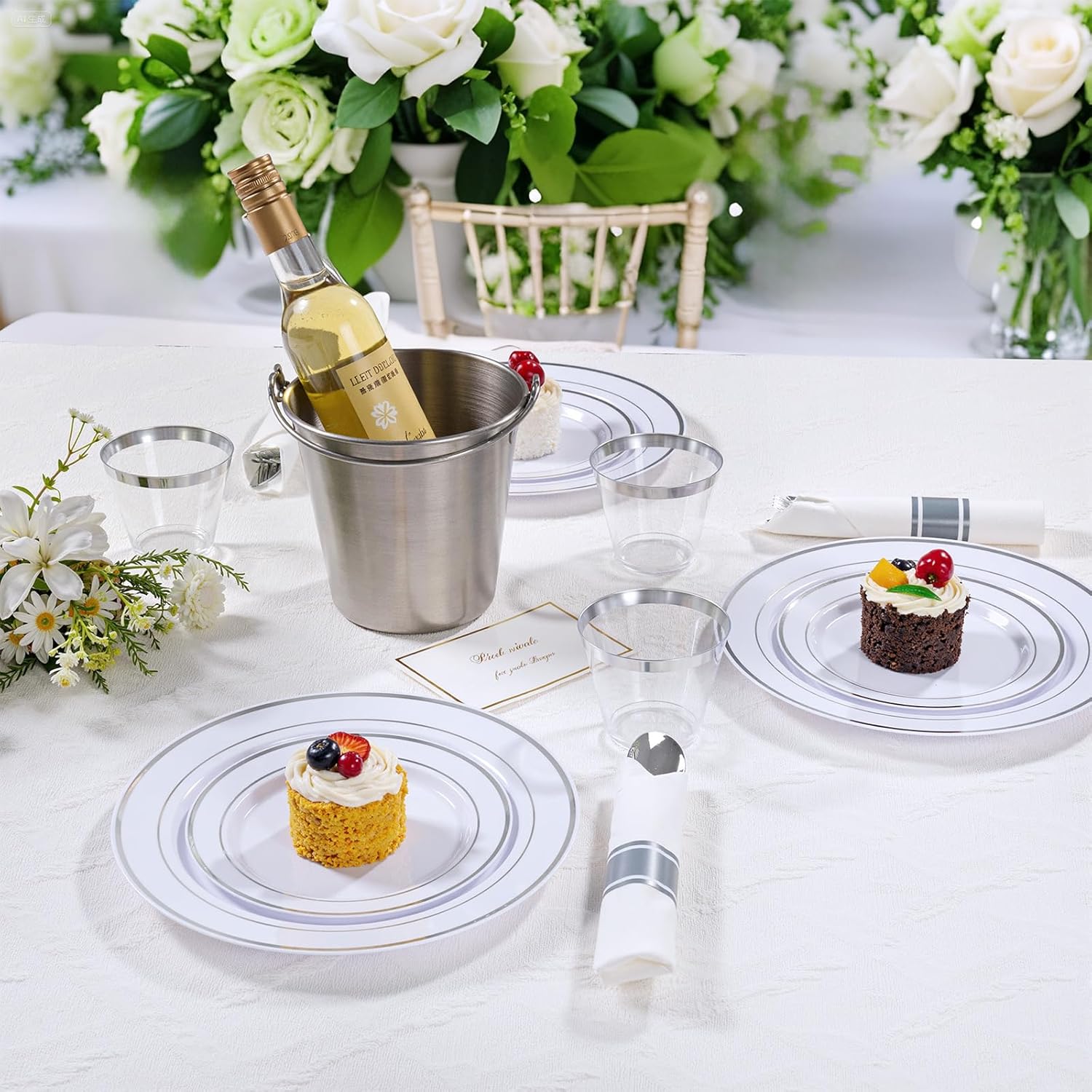 Thumbnail 4 de DaYammi 350-Piece Silver Plastic Dinnerware Set for 50 Guests (Disposable Plates, Cups & Pre-Rolled Napkins)